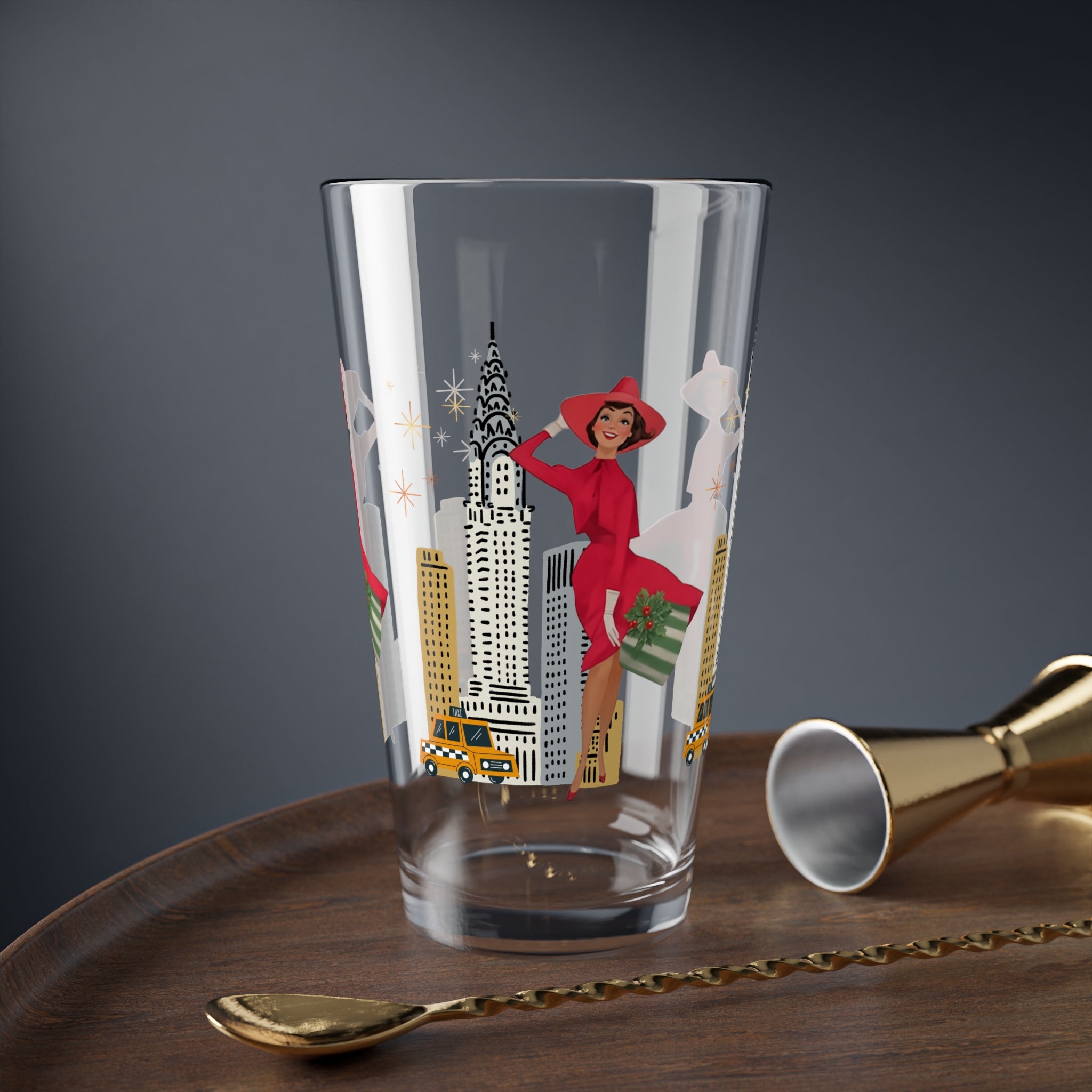 Mid Century Modern Christmas Glam Gal Chic NYC Mixing Glass - 16oz Decorative Drinkware with Iconic Skyline and Holiday Celebration Design - Mid Century Modern Gal