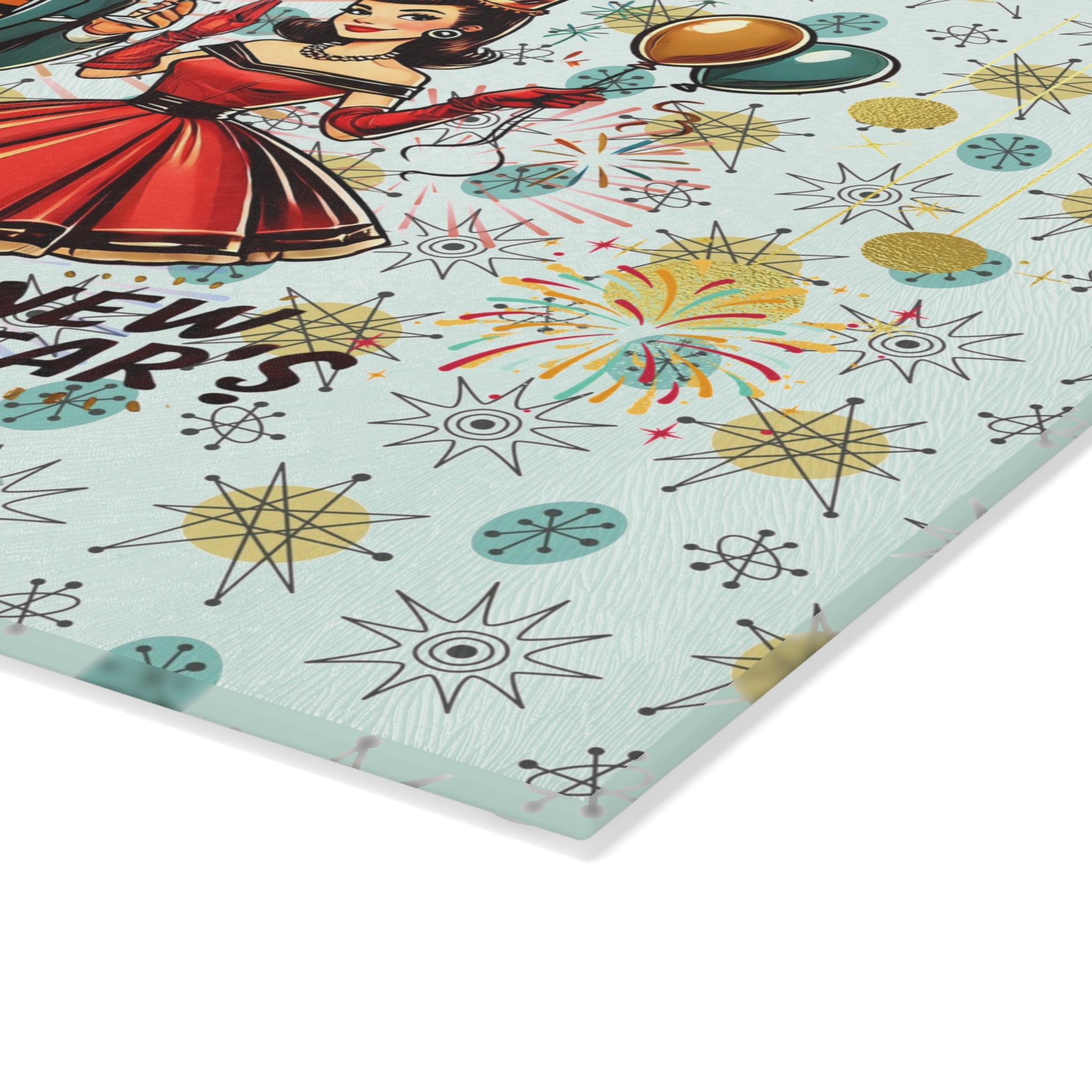 Mid Century Modern Franciscan Diamond Kitschy Couple New Year Party Cheese Board, Glass Cutting Board - Mid Century Modern Gal