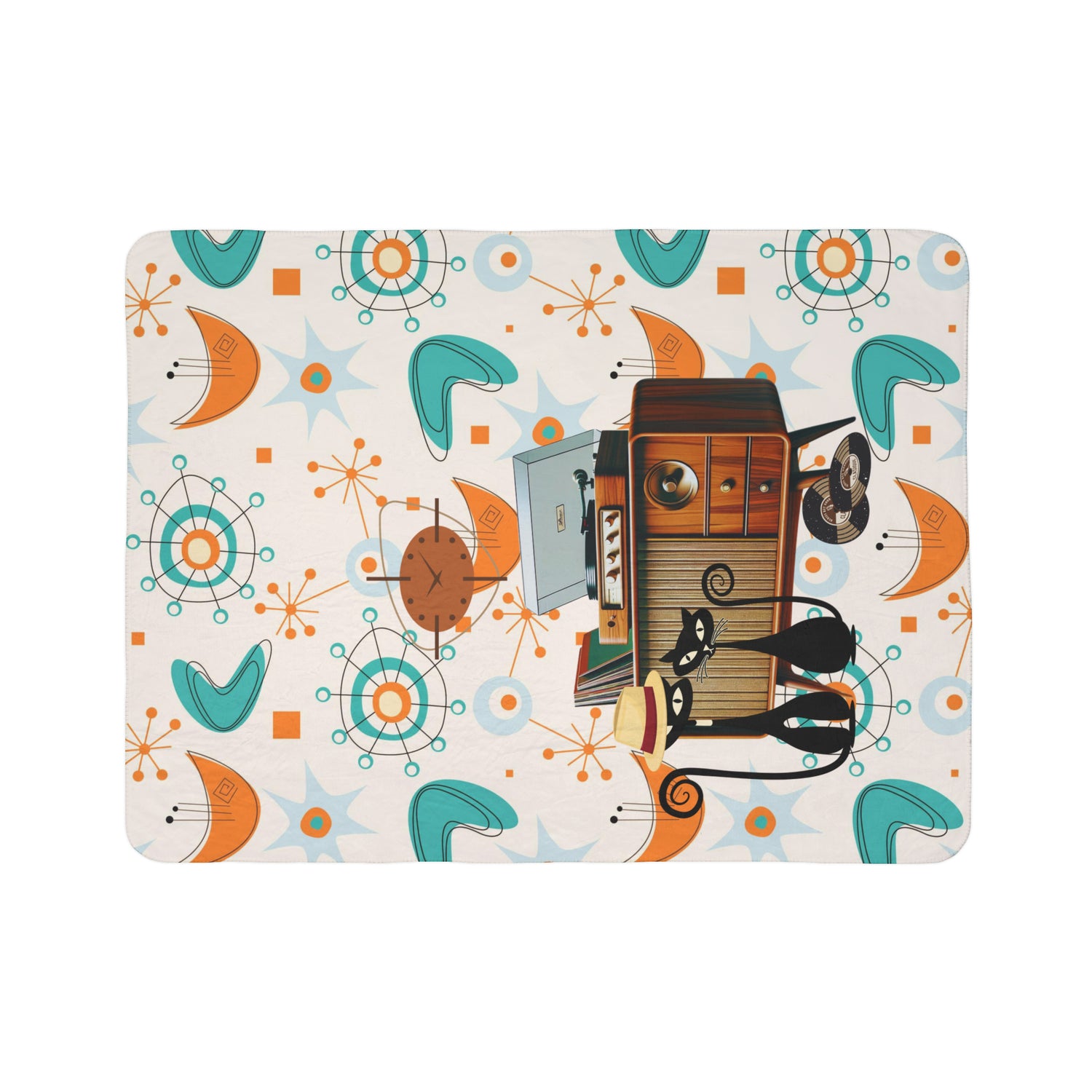 Atomic Cat, Retro Vinyl Console, Couples Gifts, Mid Century Modern Atomic Design Fleece Sherpa Blanket - Mid Century Modern Gal