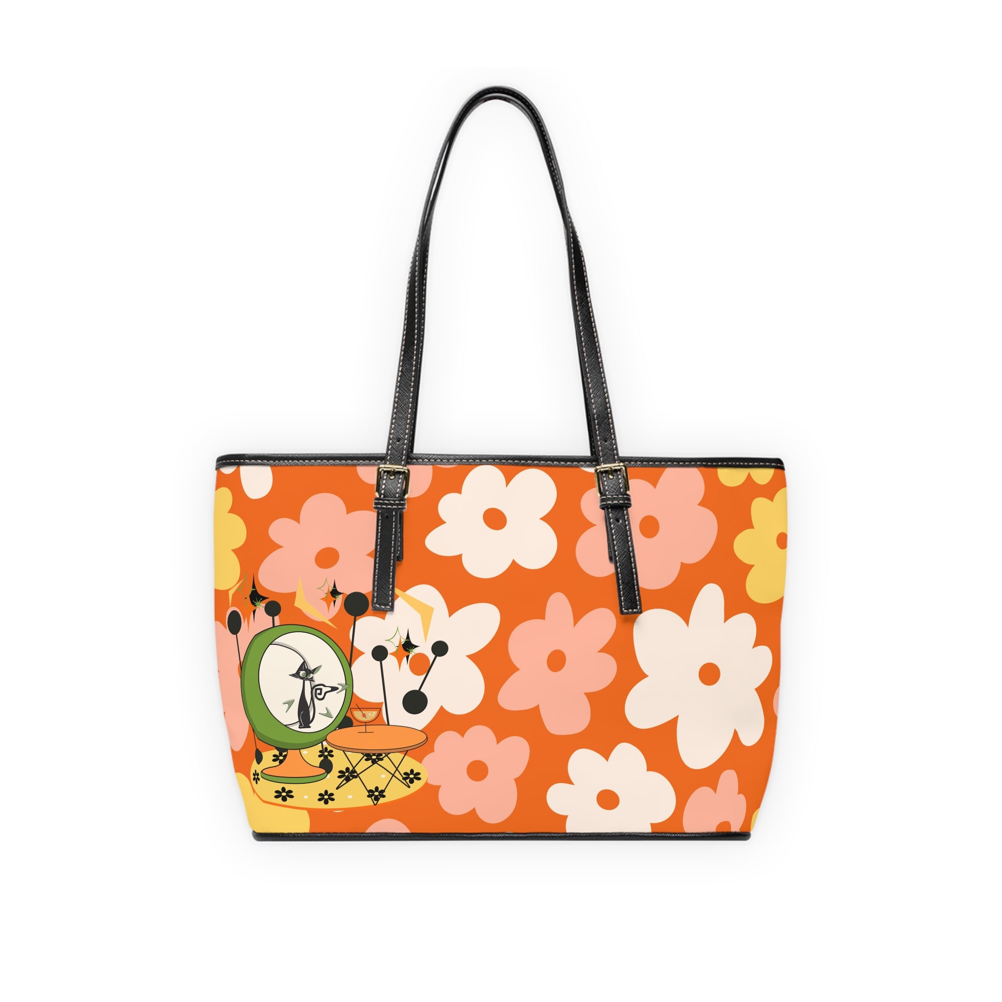 Atomic Cat Handbag, Shoulder Bag, Retro Summer Vibes Funky Floral Stylish Tote for Everyday Use - Mid Century Modern Gal