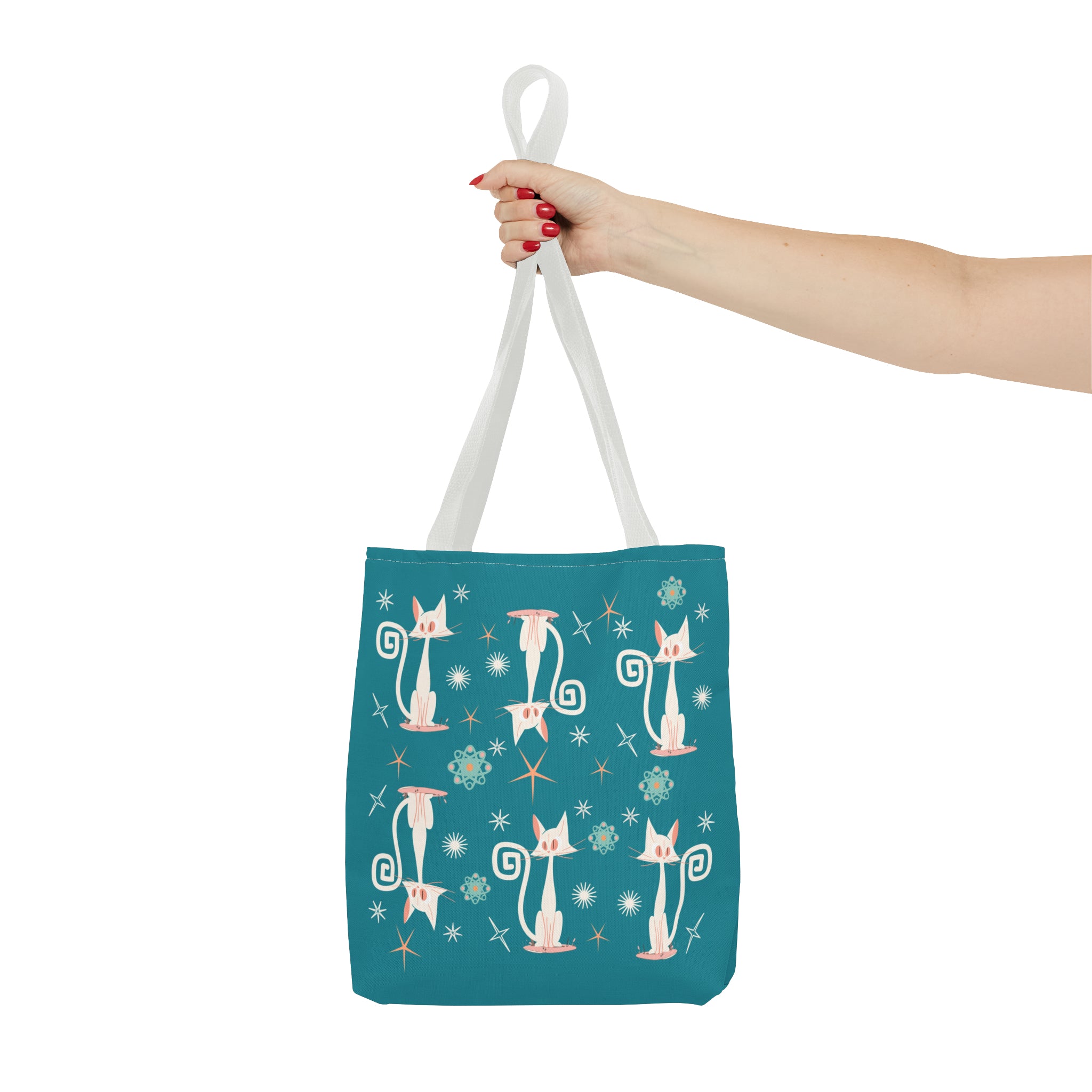 Atomic Kitties, White Kitschy Cats, Coral, Teal, Atomic Age Mid Century Modern Tote Bag - Mid Century Modern Gal