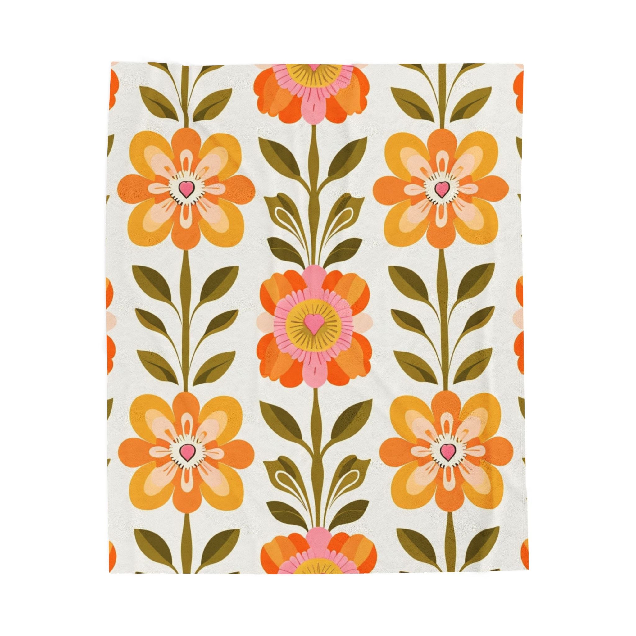 Scandinavian Mid Century Modern Floral Velveteen Plush Blanket - Cozy, Soft Throw for Home Decor & Gift Giving - Mid Century Modern Gal