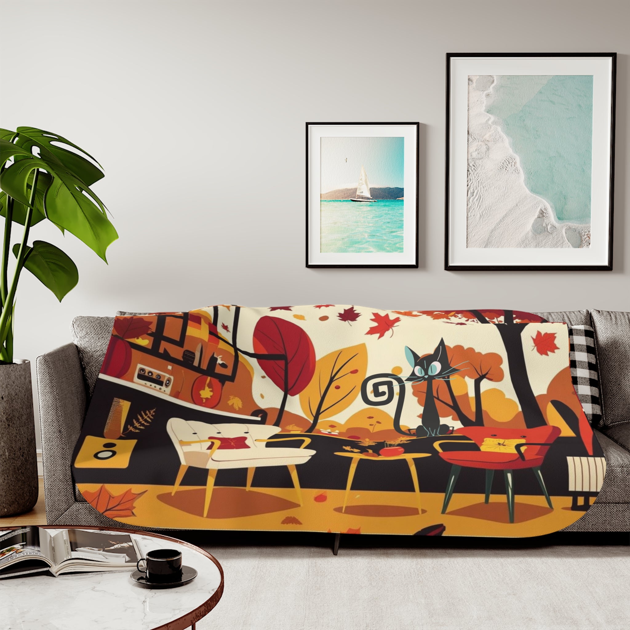 Scandinavian Fall Halloween Atomic Cat Cozy Seasonal Sherpa Blanket - Mid Century Modern Gal