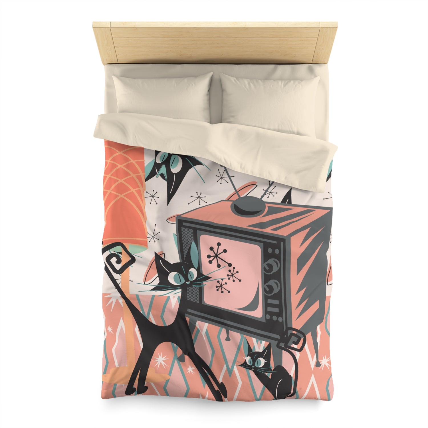 Mid Century Modern Bedding, Atomic Kitschy Cat, Retro TV, Whimsical Fun Quirky Bedroom Decor, In Coral Pink, Teal, Creamy Beige - Mid Century Modern Gal