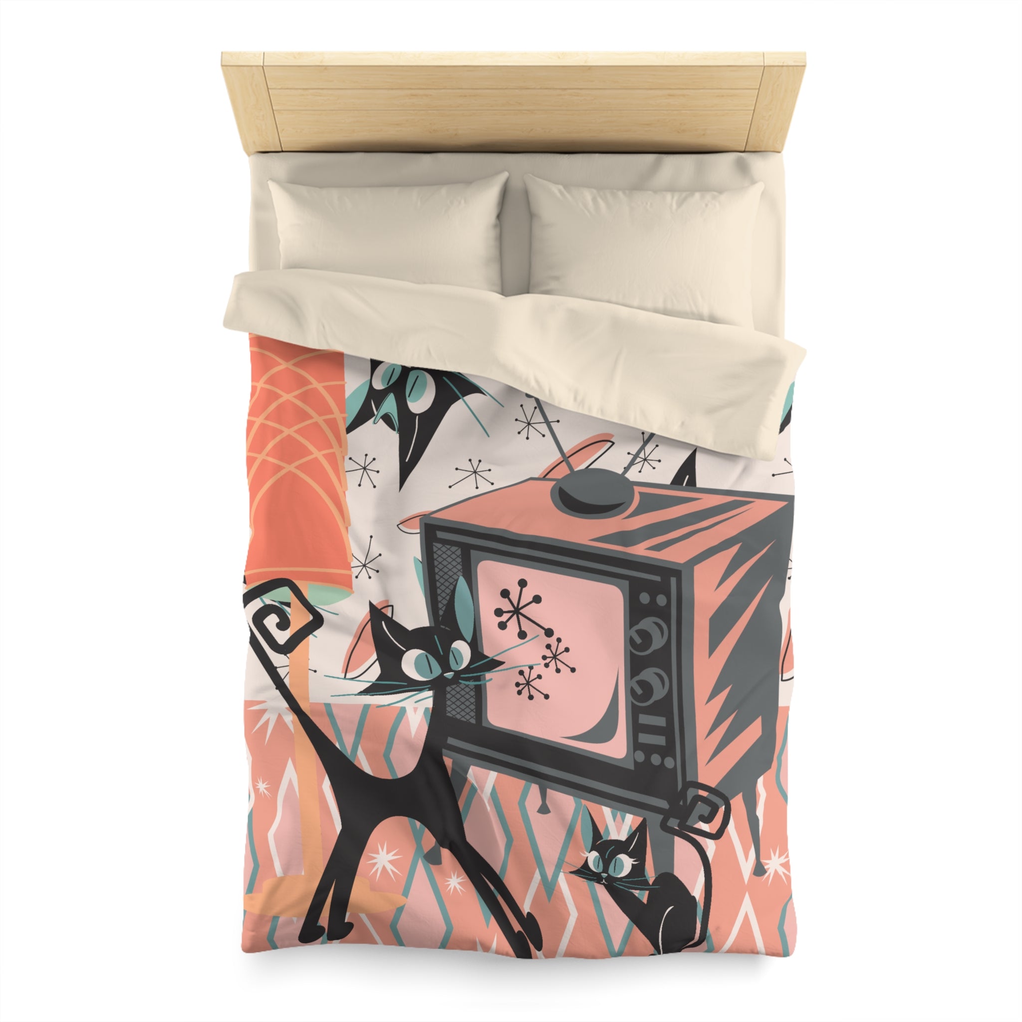 Mid Century Modern Bedding, Atomic Kitschy Cat, Retro TV, Whimsical Fun Quirky Bedroom Decor, In Coral Pink, Teal, Creamy Beige - Mid Century Modern Gal