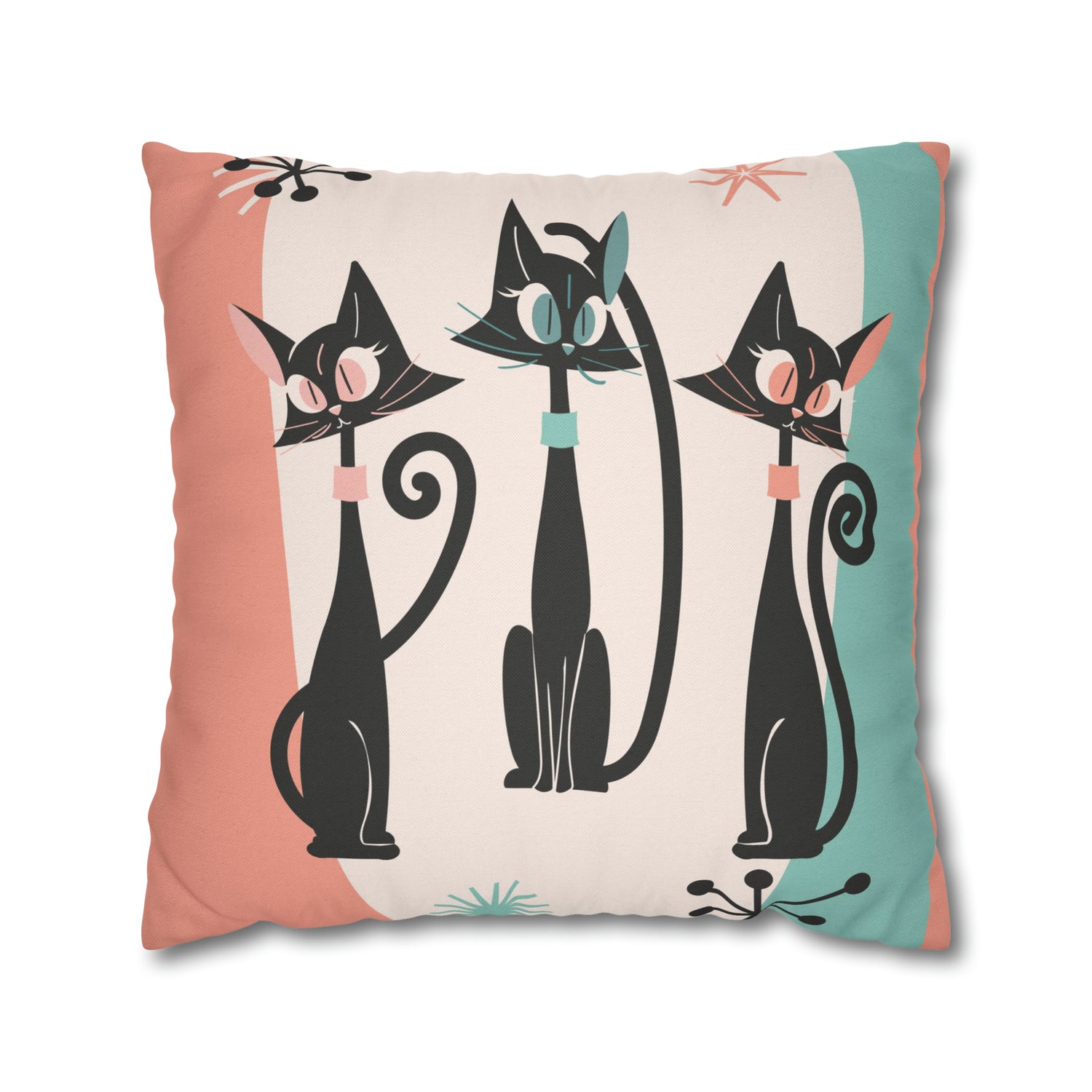 Atomic Cat Pillow, Kitschy 50s Mid Century Modern Style, Coral, Aqua, Creamy Beige, Retro MCM Atomic Home Living Pillow COVER - Mid Century Modern Gal