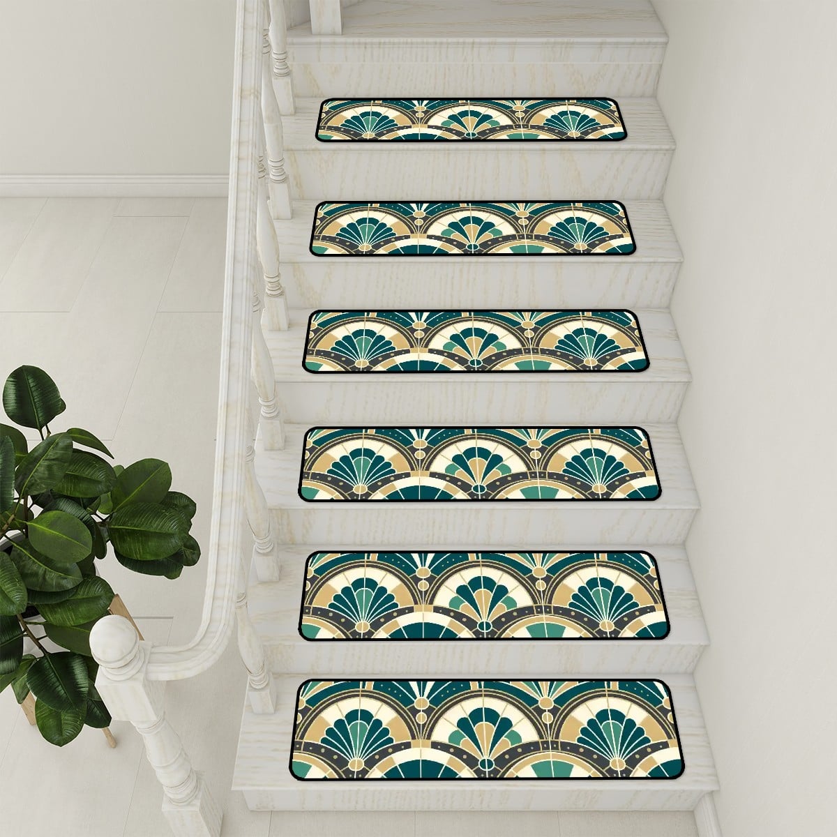 Art Deco Peacock Inspired Non Slip Carpet for Stairs Treads