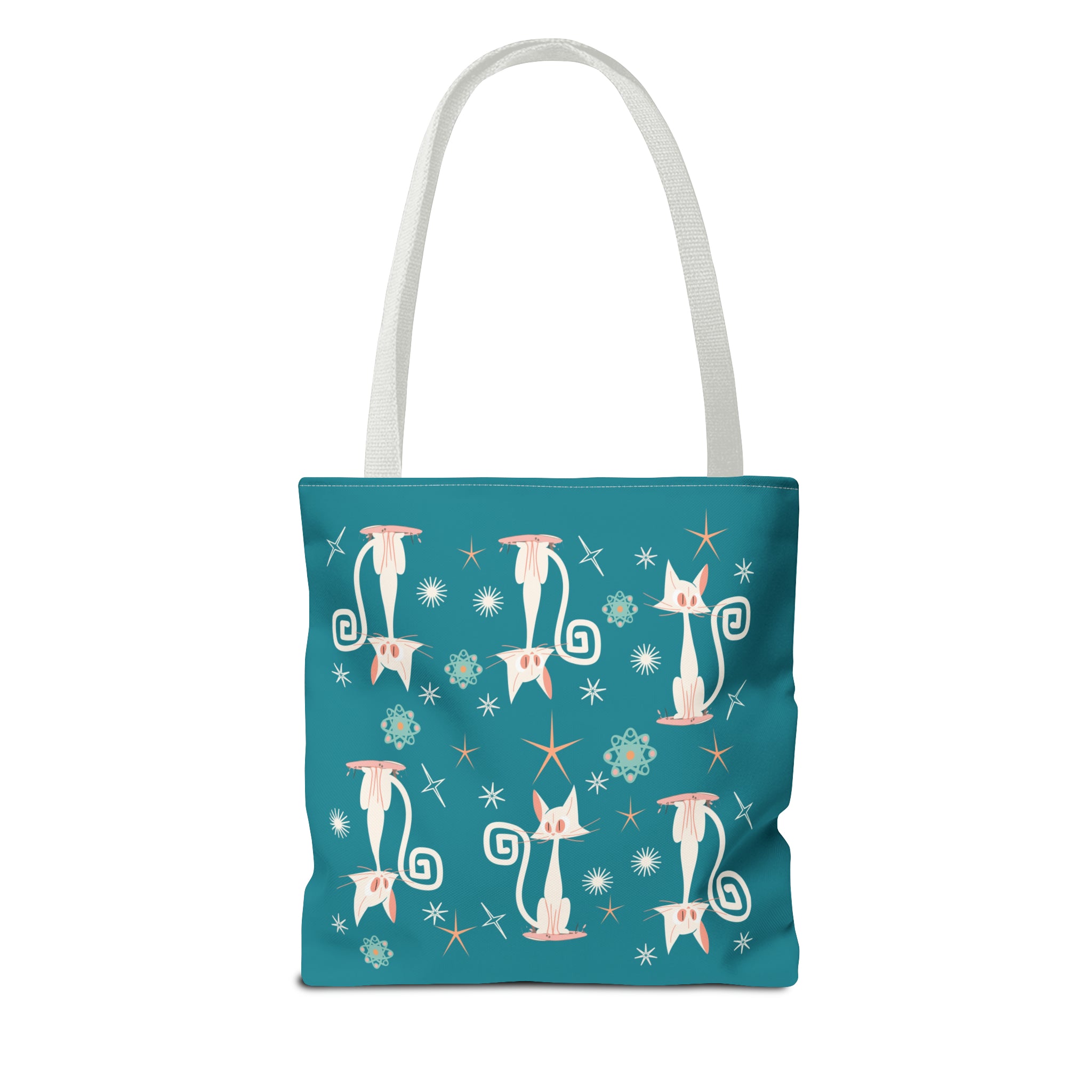 Atomic Kitties, White Kitschy Cats, Coral, Teal, Atomic Age Mid Century Modern Tote Bag
