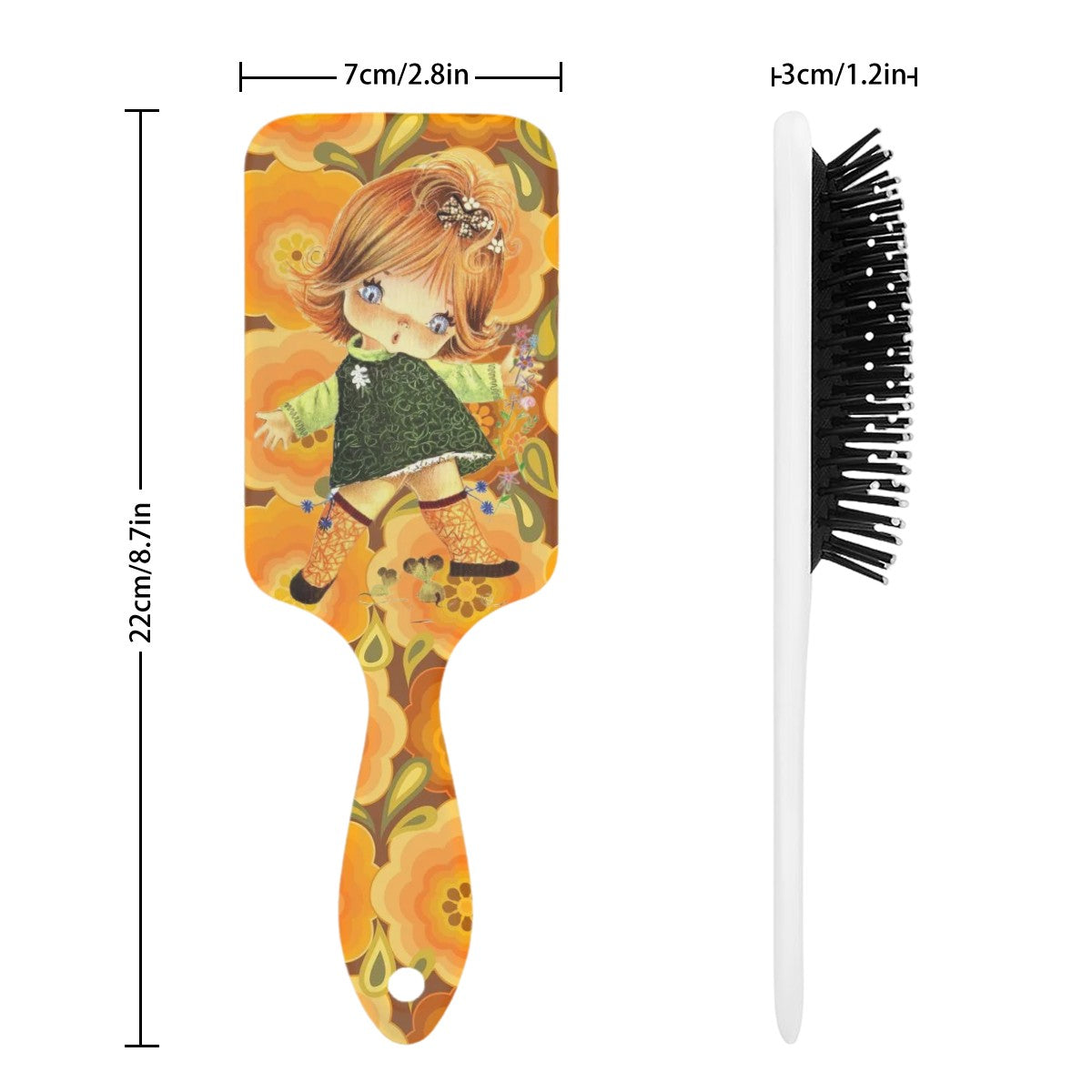 60s 70s Big Eyed Girl, Red Head, Orange Marigold Groovy Designed Air Cushion Hair Brush - Mid Century Modern Gal