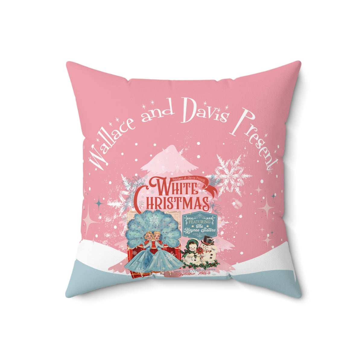 Sisters Sisters, Festive Christmas Square Pillow - 'Wallace and Davis's Present' Design - Mid Century Modern Gal