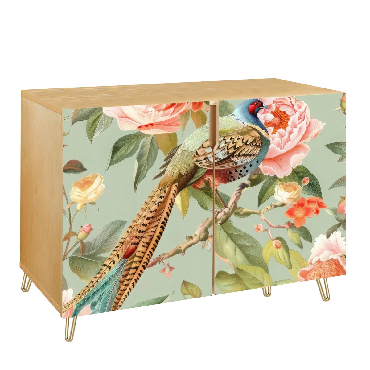 Chinoiserie Floral Pheasant Elegant Green Pink Sideboard Cabinet - Mid Century Modern Gal