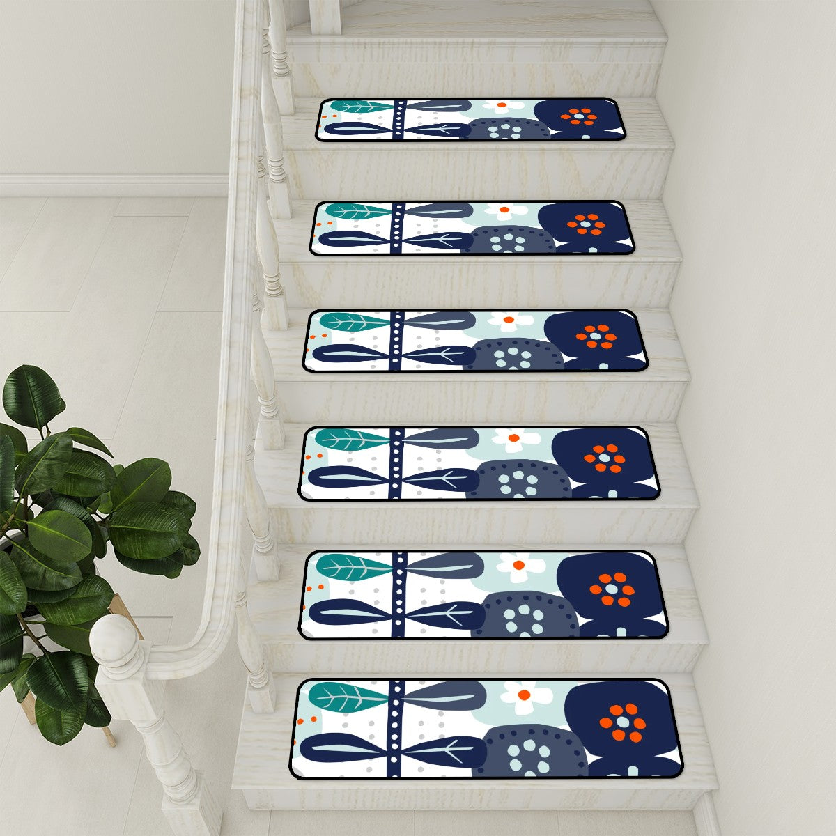 Mid Century Modern Hygge Modern Danish Blue, Orange Non Slip Carpet for Stairs Treads - Mid Century Modern Gal