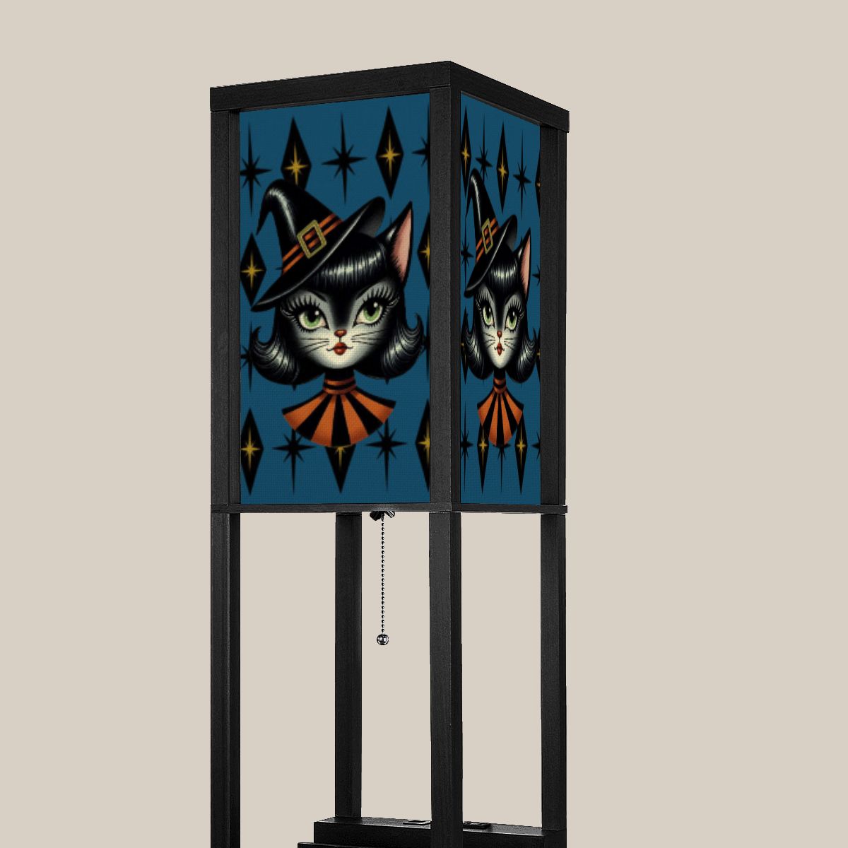 Vintage Halloween Black Cat Sexy Sexton Mid Century Modern Blue Lampshade for Floor Lamp with Shelves - Lampshade Only - Mid Century Modern Gal