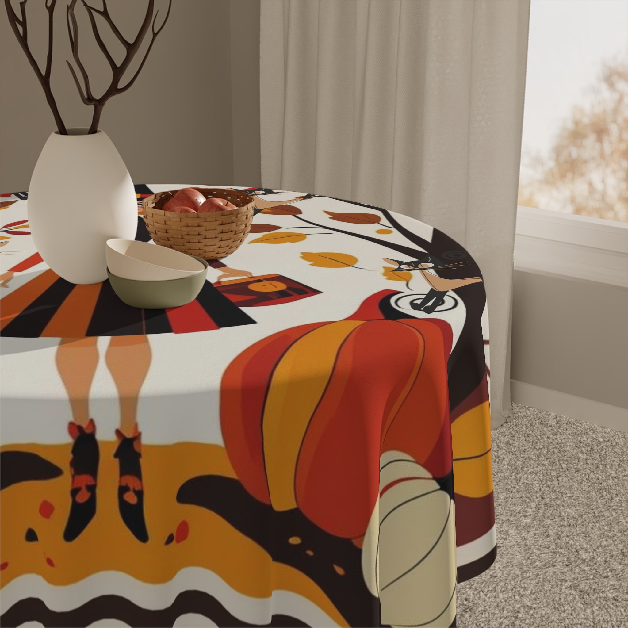 Mid Mod Gal Kitschy Quirky Flying Atomic Cats, Fall Halloween Seasonal Tablecloth - Mid Century Modern Gal