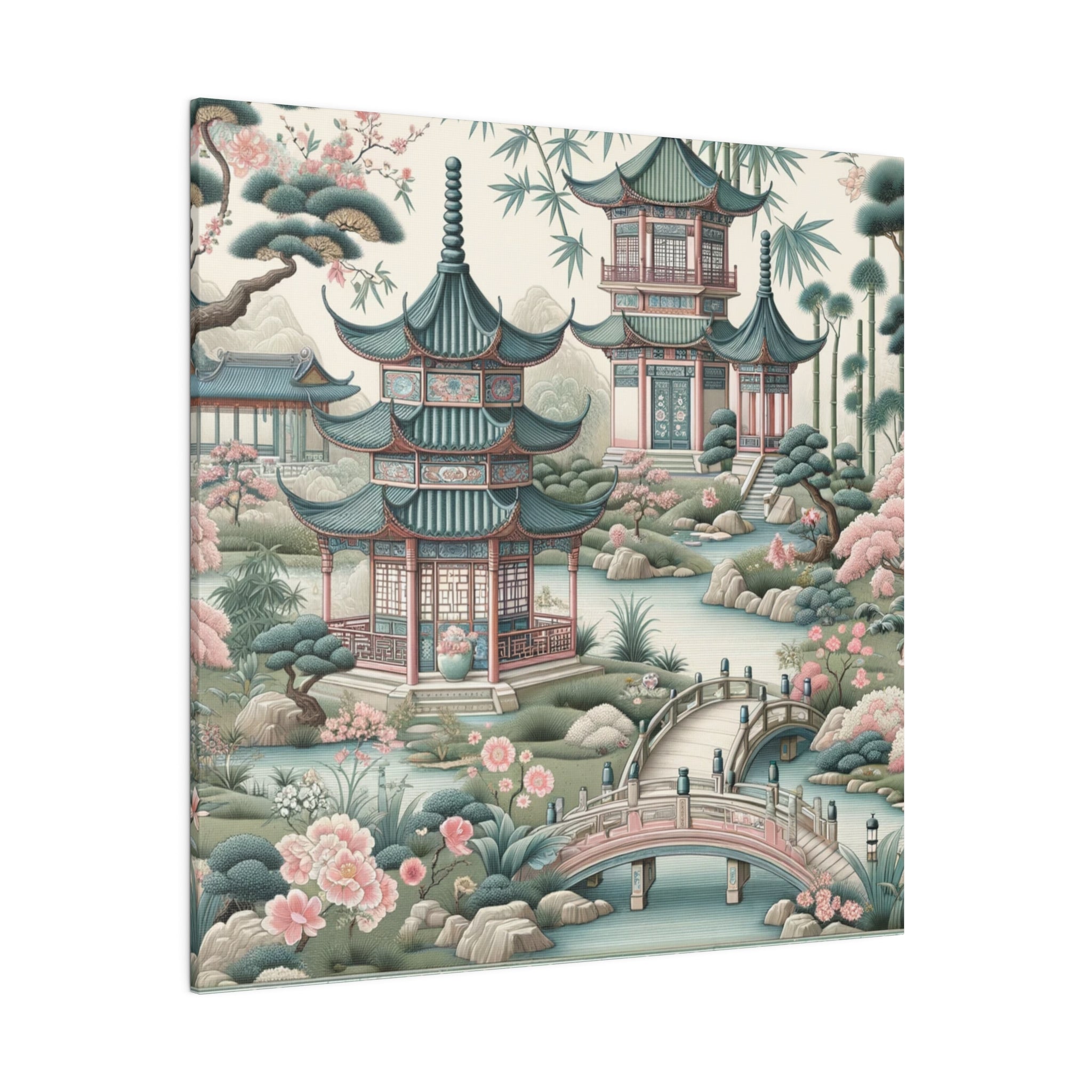 Chinoiserie Wall Art, Pagodas, Rivers, Pastel Southern Elegance Wall Art Matte Canvas - Mid Century Modern Gal