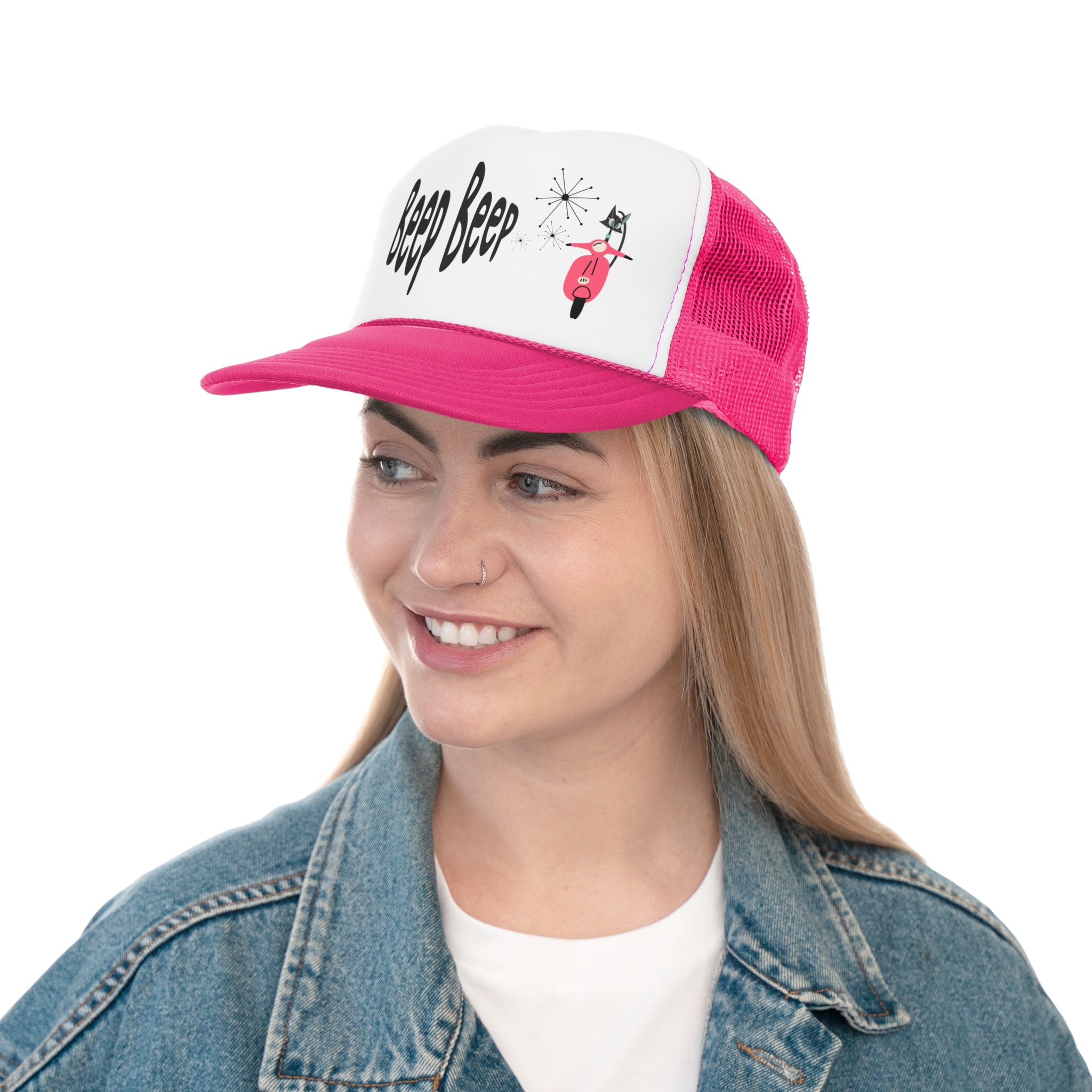 Atomic Cat Funny Beep Beep, Retro Summer Lightweight Trucker Caps, Kitschy Fun Atomic Gift - Mid Century Modern Gal