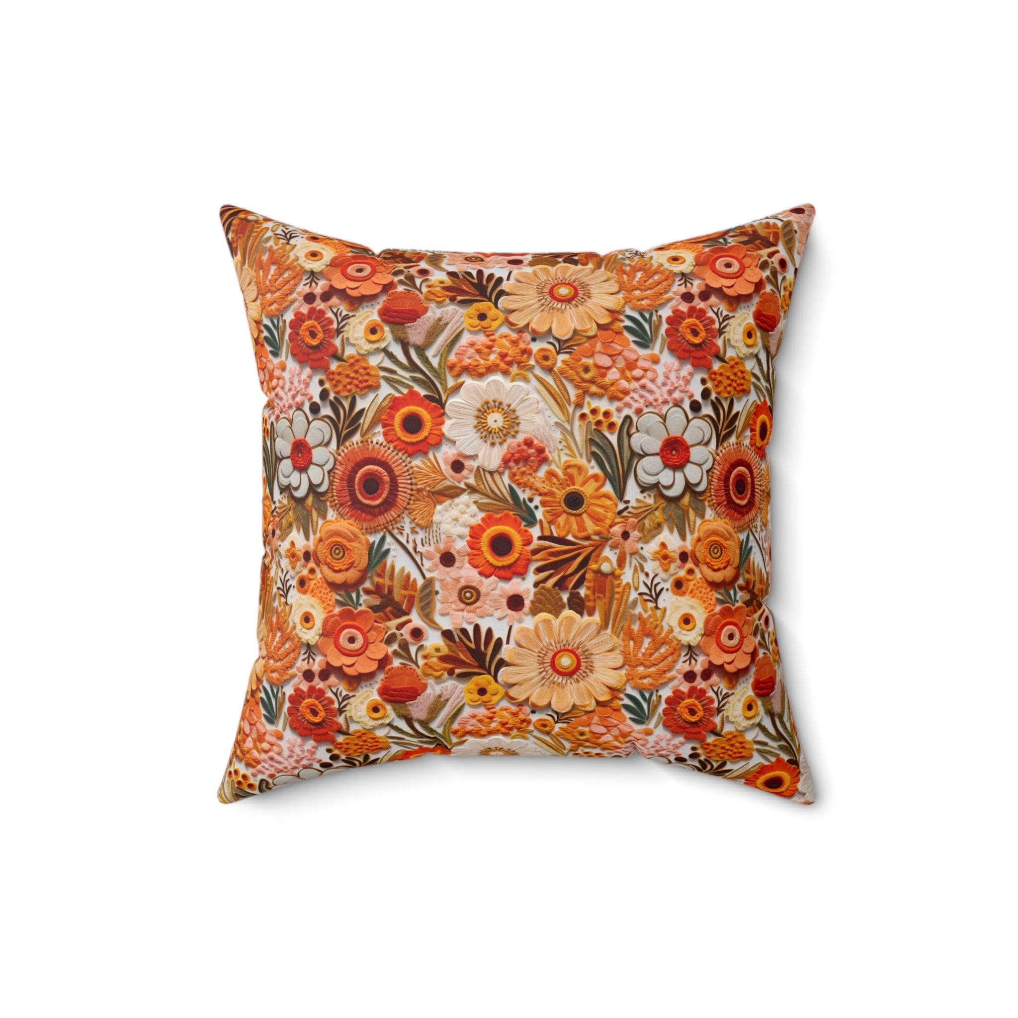 1970s Harvest Gold, Orange, Faux Embroidered Pillow And Insert - Mid Century Modern Gal