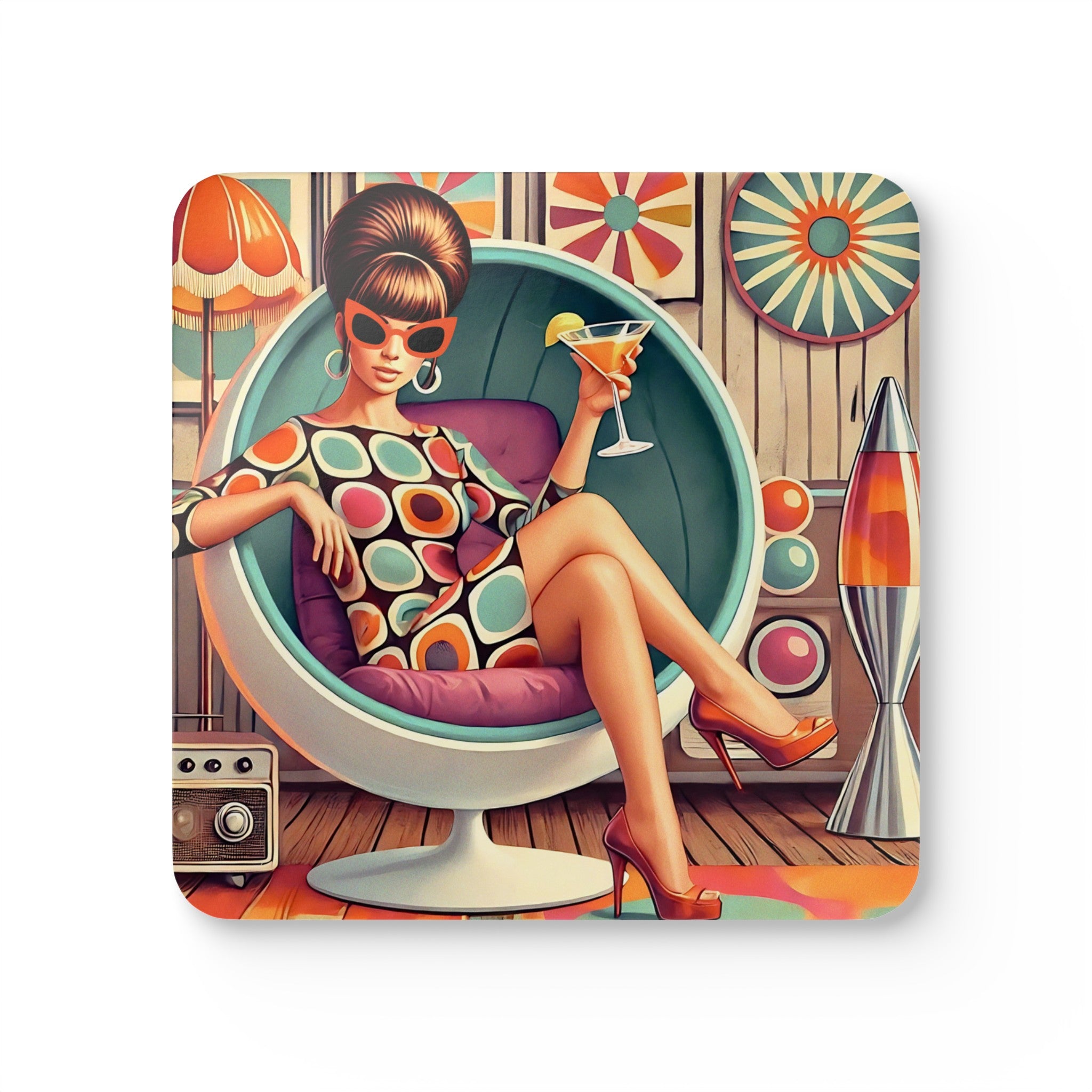 Mid Century Mod 60s Style Retro Gal MCM Barware Corkwood Coaster Set - Mid Century Modern Gal