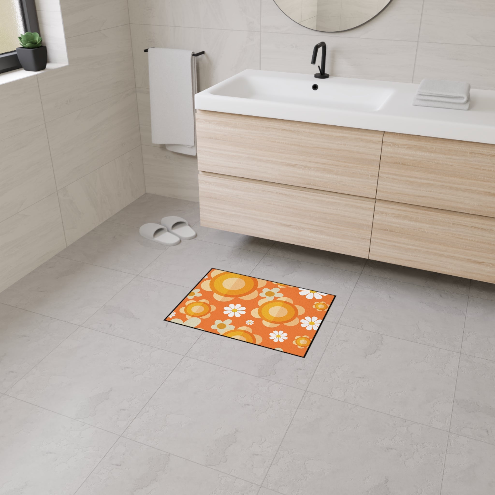 Retro Floral Orange, White Mod Daisy Heavy Duty Floor Mat - Ideal for Home Décor and Entryways - Mid Century Modern Gal