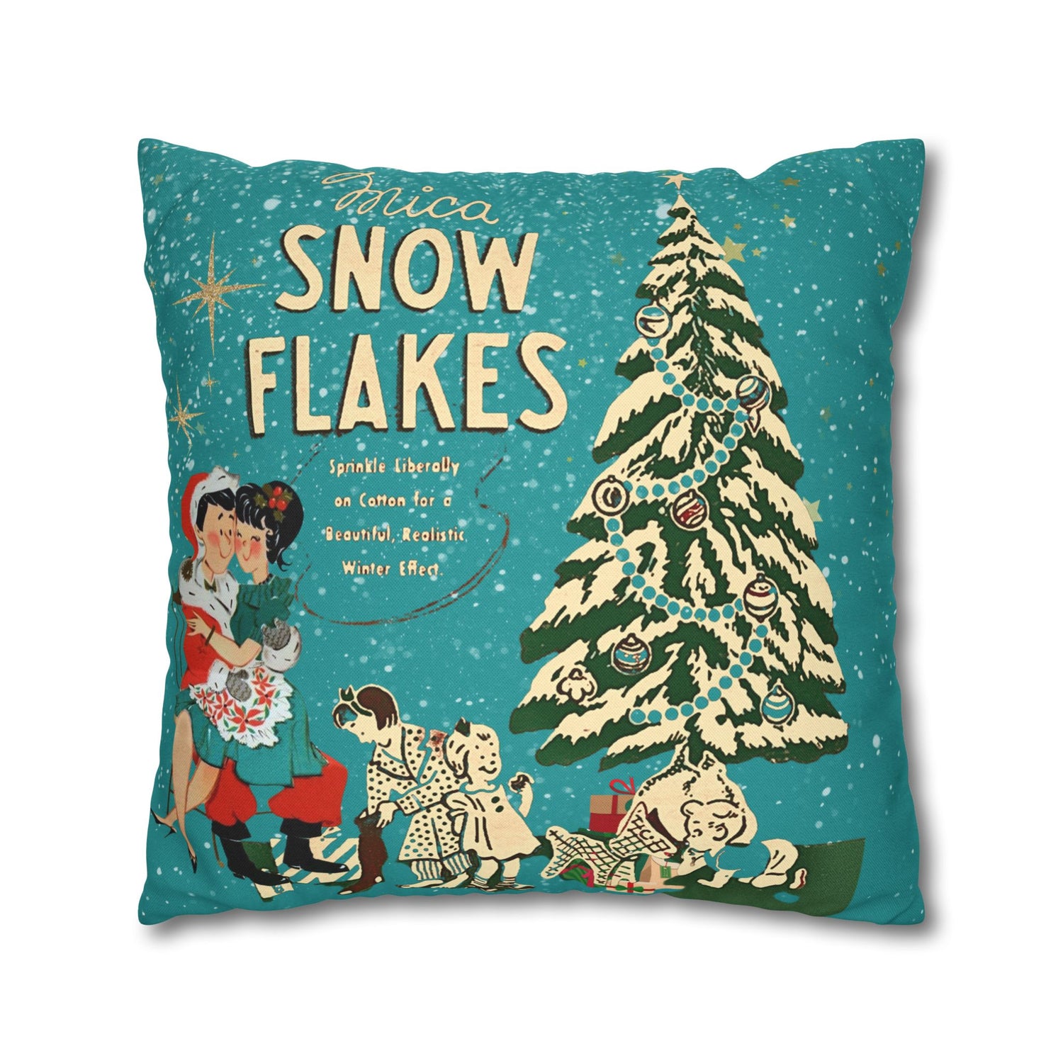 50s Mica Snow Christmas Pillow, Kitschy Mod Couple, Festive Fun Pillow Cover - Mid Century Modern Gal