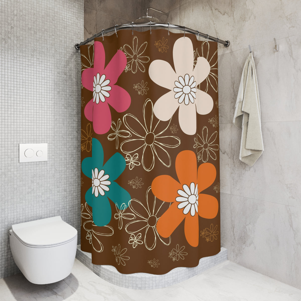 Retro Groovy Flower Power Orange Brown Teal, Bohemian Floral Shower Curtain - Vibrant Retro Bathroom Decor - Mid Century Modern Gal