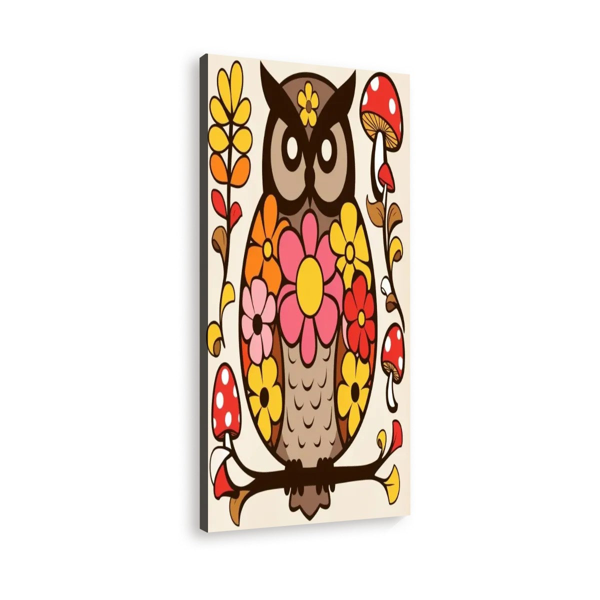 Groovy 70s Retro Owl Wall Art, Mushroom Floral Mid Mod Large Canvas Art - Mid Century Modern Gal