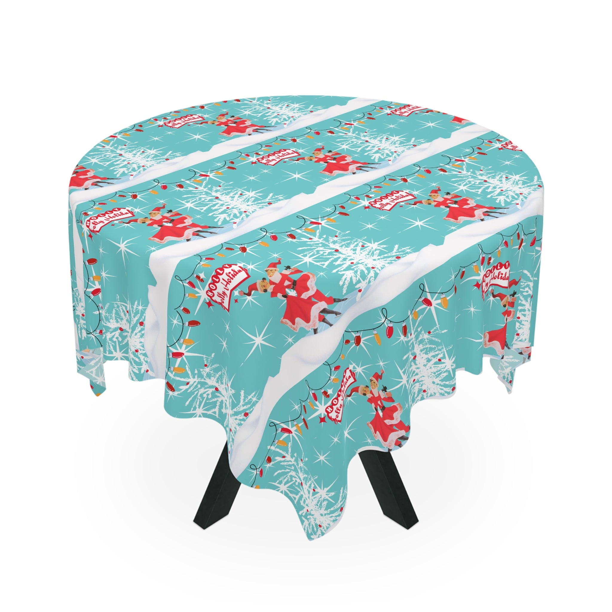 50s Mod Kitschy Couple Retro Christmas Aqua Red, Holiday Tablecloth - Mid Century Modern Gal