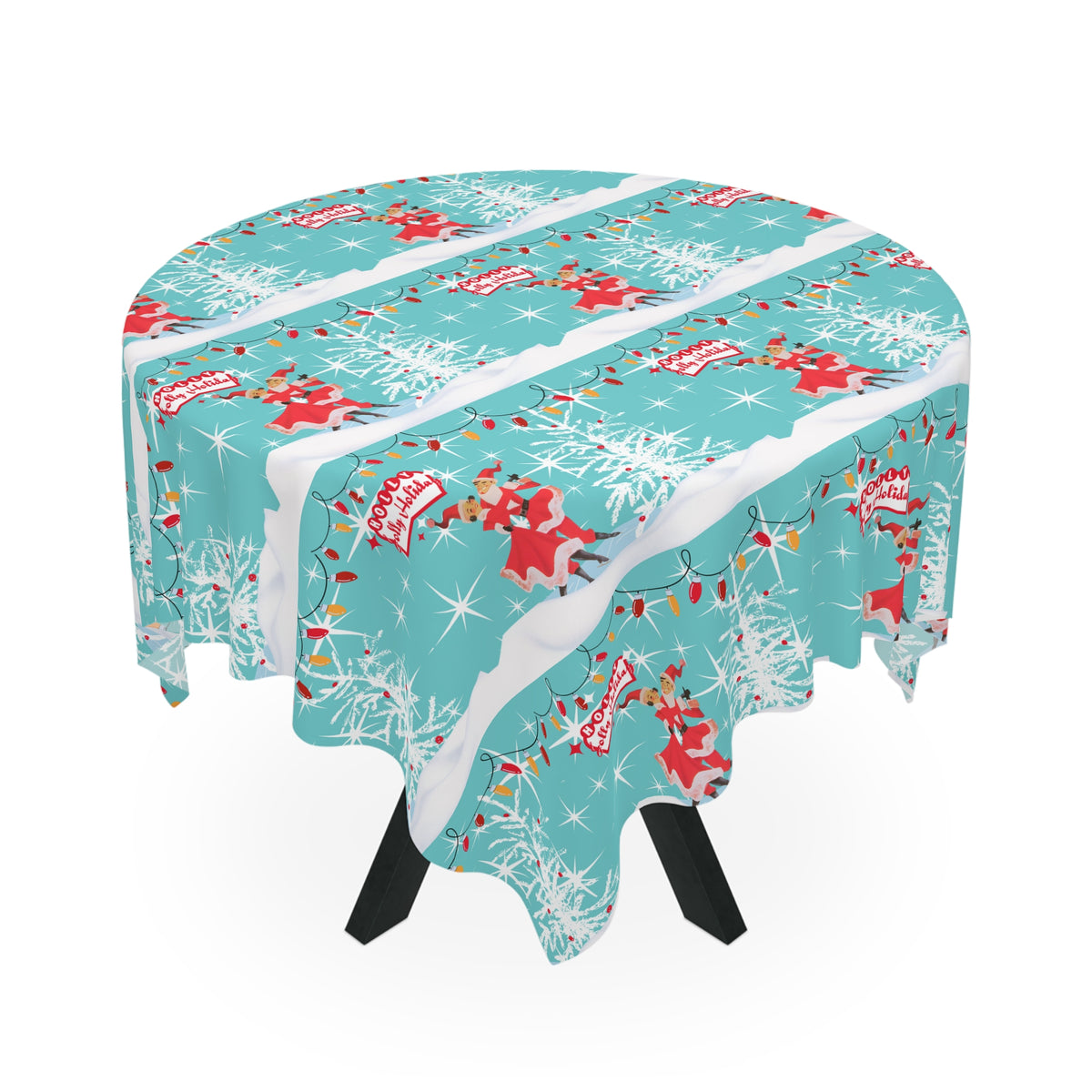 50s Mod Kitschy Couple Retro Christmas Aqua Red, Holiday Tablecloth - Mid Century Modern Gal