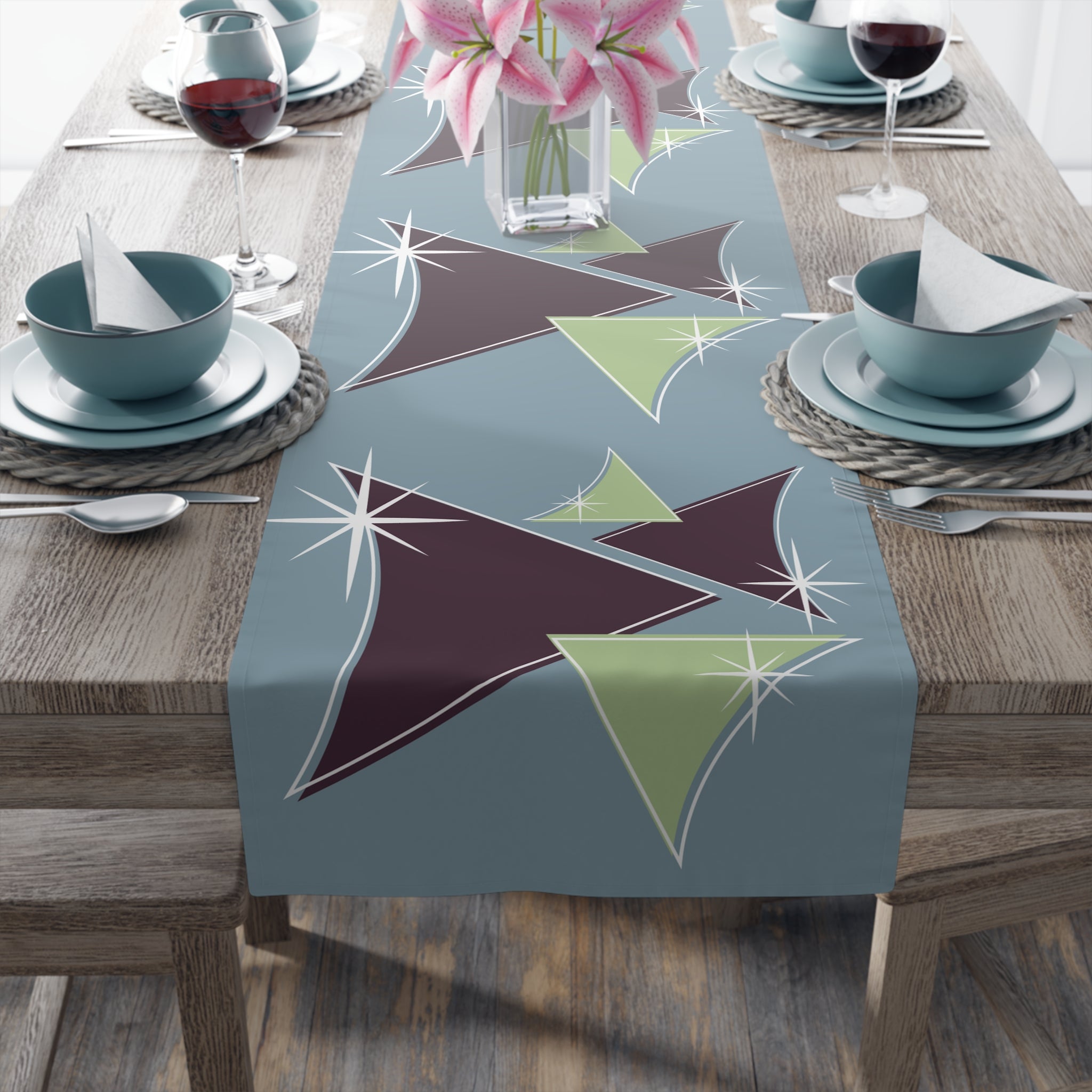 Mid Century Modern Table Runner Indigo Blue, Purple Green Retro Table Linens - Mid Century Modern Gal