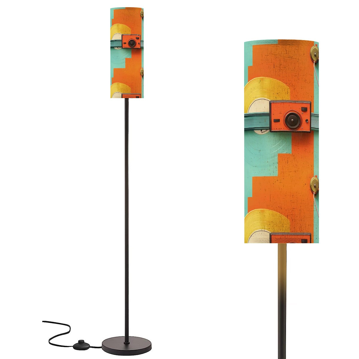 Retro Mod Orange, Teal, Vinyl Record Scene, Kitschy Mod Slim Floor Lamp - Mid Century Modern Gal