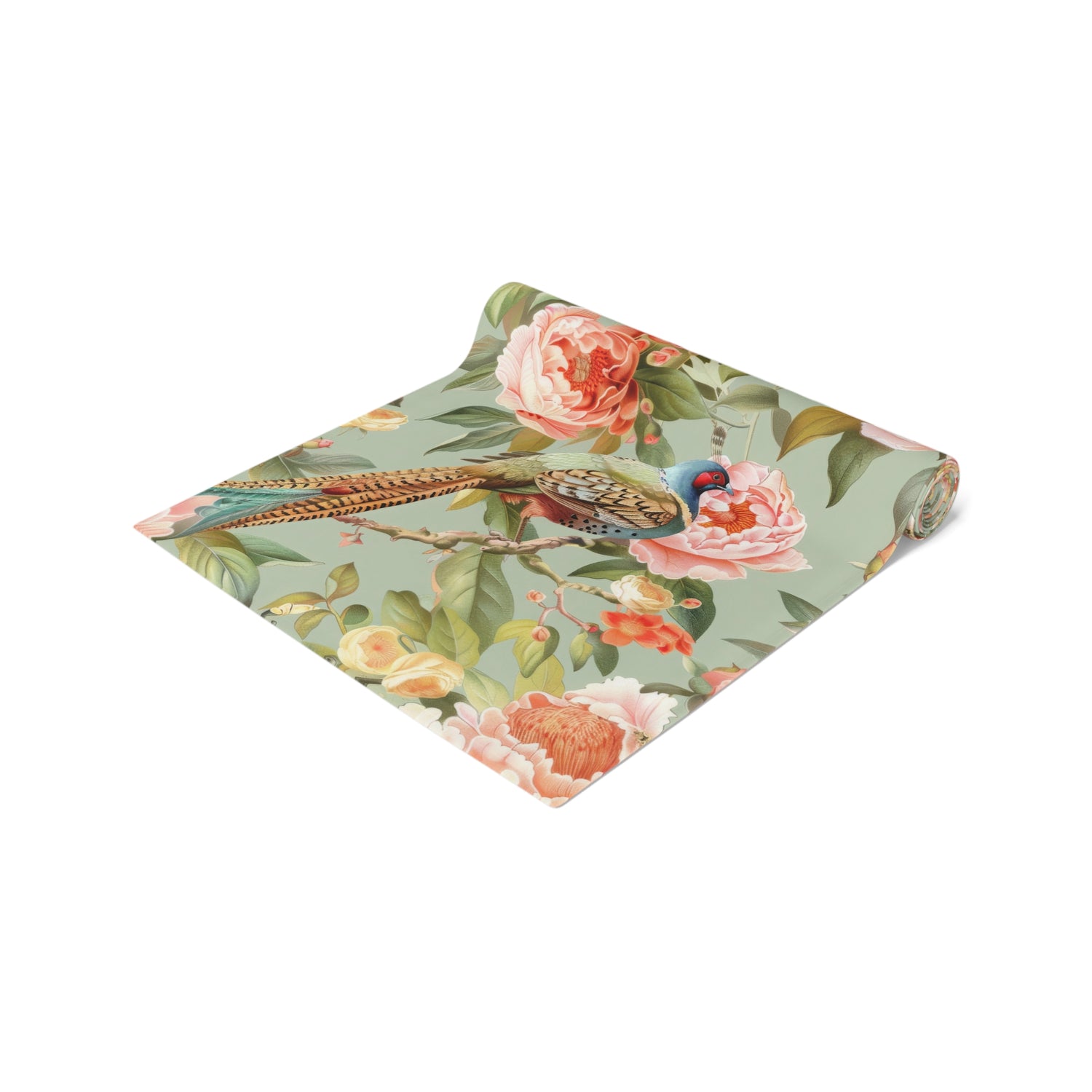 Chinoiserie Pheasant Floral Bird Table Runner - Elegant Table Linens - Mid Century Modern Gal