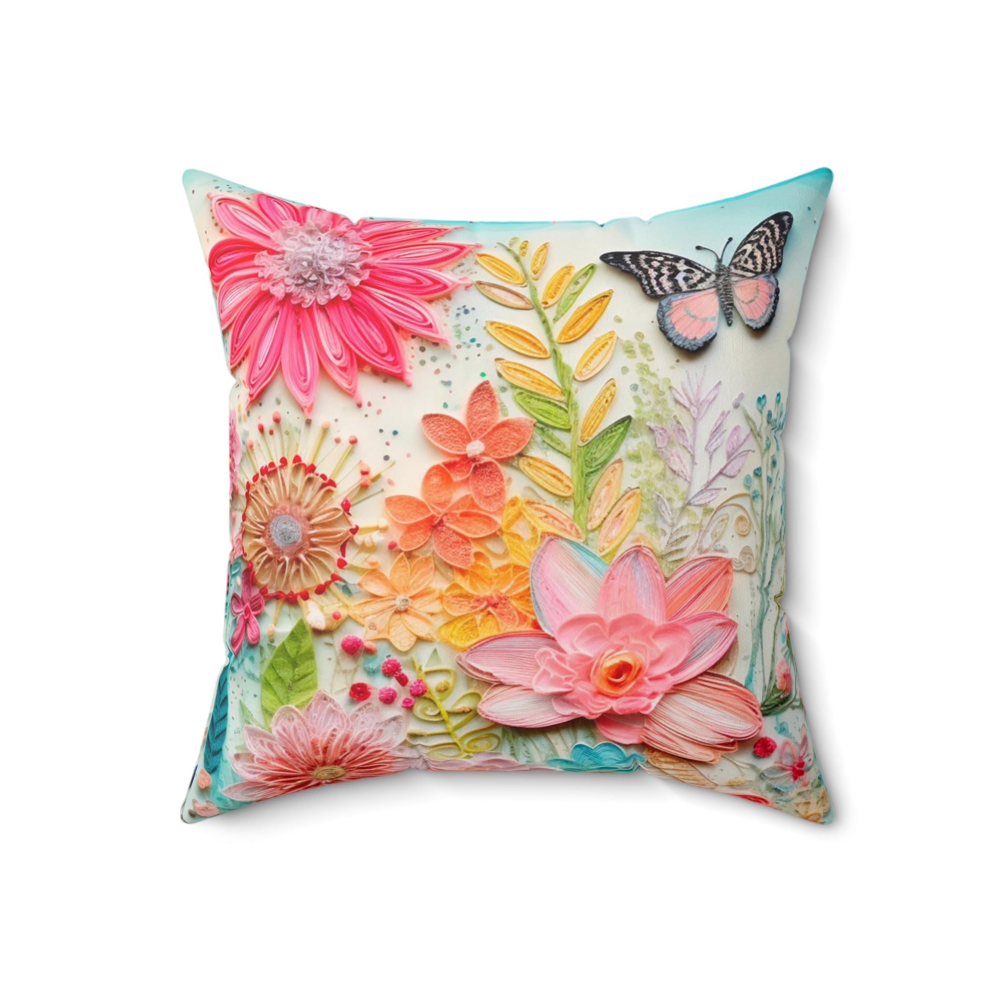 Floral Boho Pillow, Reversible, Flower, Butterfly, Bohemian Hippie, Retro Faux Embroidered Pillow And Insert - Mid Century Modern Gal