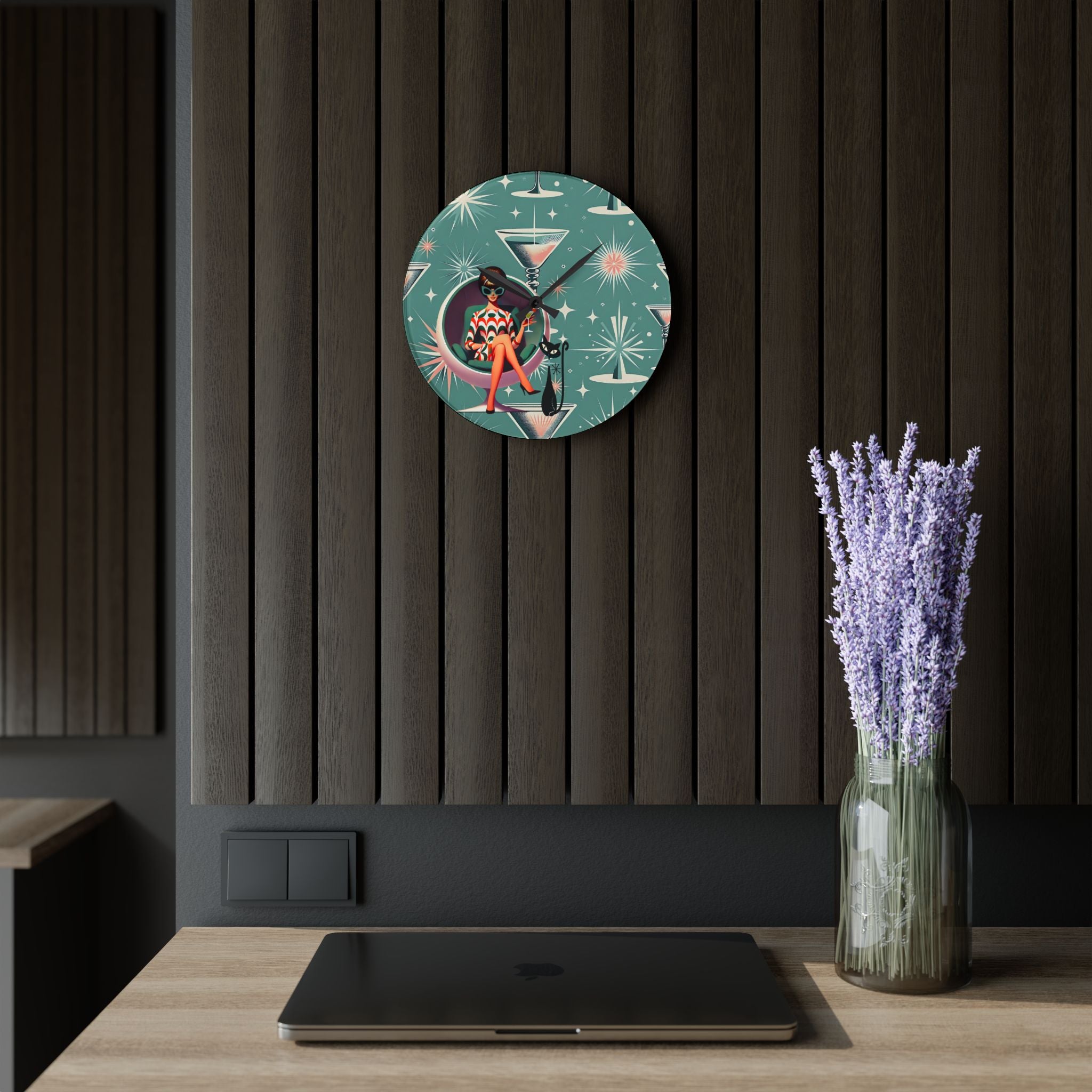 Retro 60s Gal, Martini Lover, Atomic Cat Glam Acrylic Wall Clock - Mid-Century Modern Design with Chic Cocktail Vibe - Mid Century Modern Gal