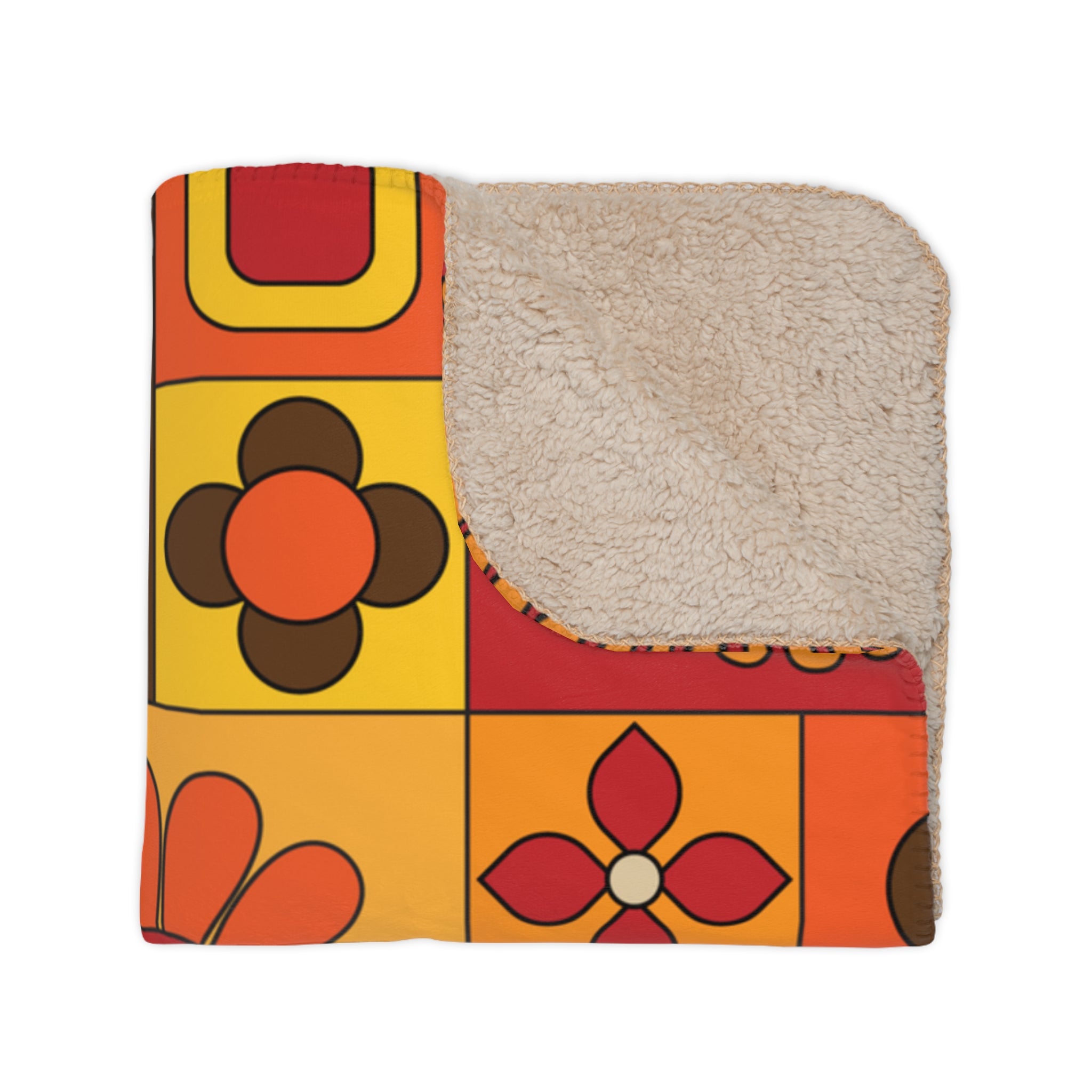 Retro Floral Boho Vibes, Orange, Yellow Brown Groovy Mod Tan Sherpa Blanket - Cozy Throw for Home Decor & Gifting - Mid Century Modern Gal