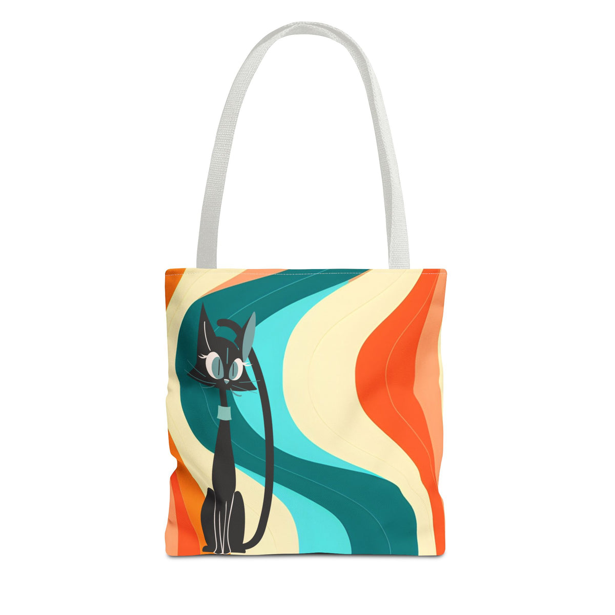 Atomic Cat Mid Mod Groovy Tote Bag featuring a playful black cat design against vibrant retro wave patterns in orange and teal.