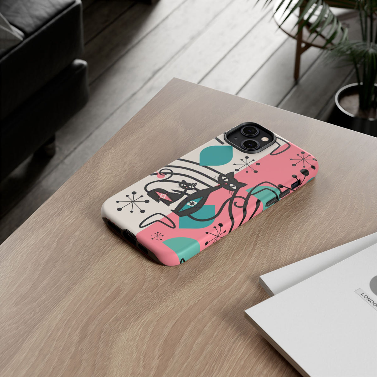 Mid Mod Atomic Cat Boomerang Starburst, Pink, Black Kitschy Stylish Cat Phone Case: Modern Design for Cat Lovers