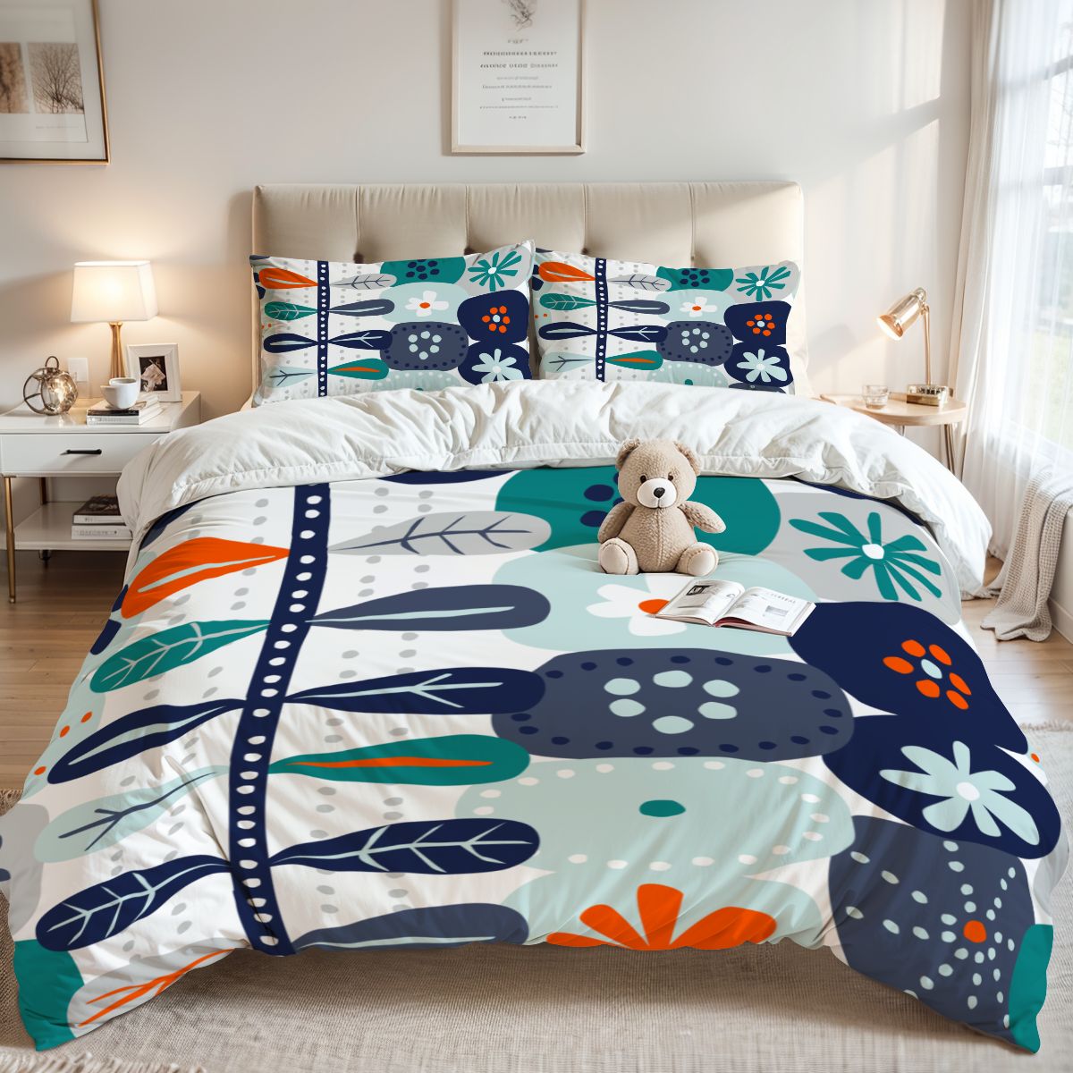 Scandinavian Floral Mid Century Modern Nordic Danish Blue, Teal Orange Queen Duvet Cover Set - Mid Century Modern Gal