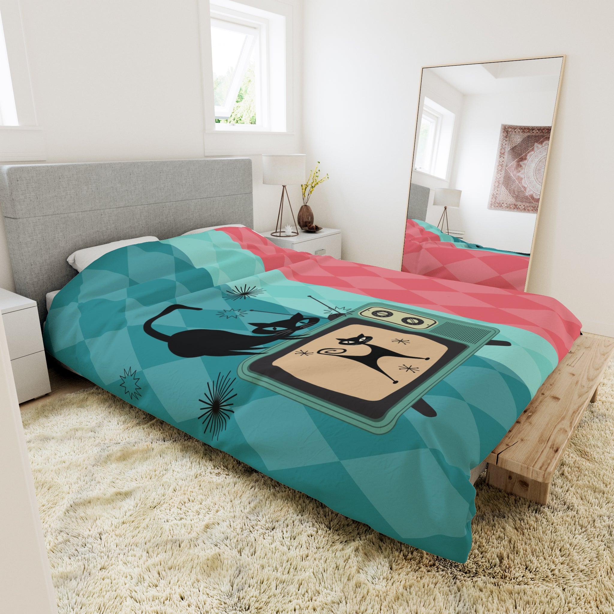 Atomic Kitties, Mid Mod Harlequin Diamond Pattern, Pink, Teal, Light Mint, Retro Mod Duvet Cover - Mid Century Modern Gal