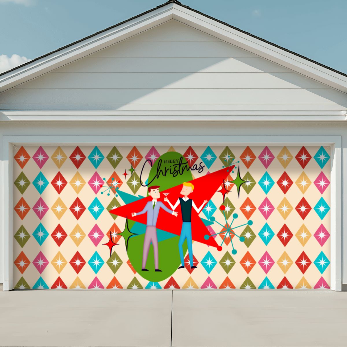 Mid Century Modern Christmas Gay Male Couple, Kitschy 50s Style Garage Door Banner Backdrop - Mid Century Modern Gal