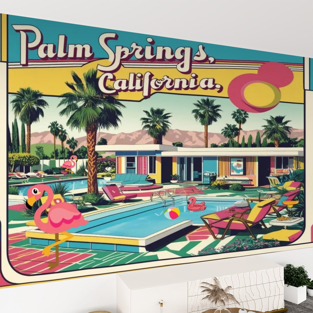 Palm Springs California Flamingo Kitschy Mid Mod Peel And Stick Canvas Self Adhesive Wallpaper - Mid Century Modern Gal