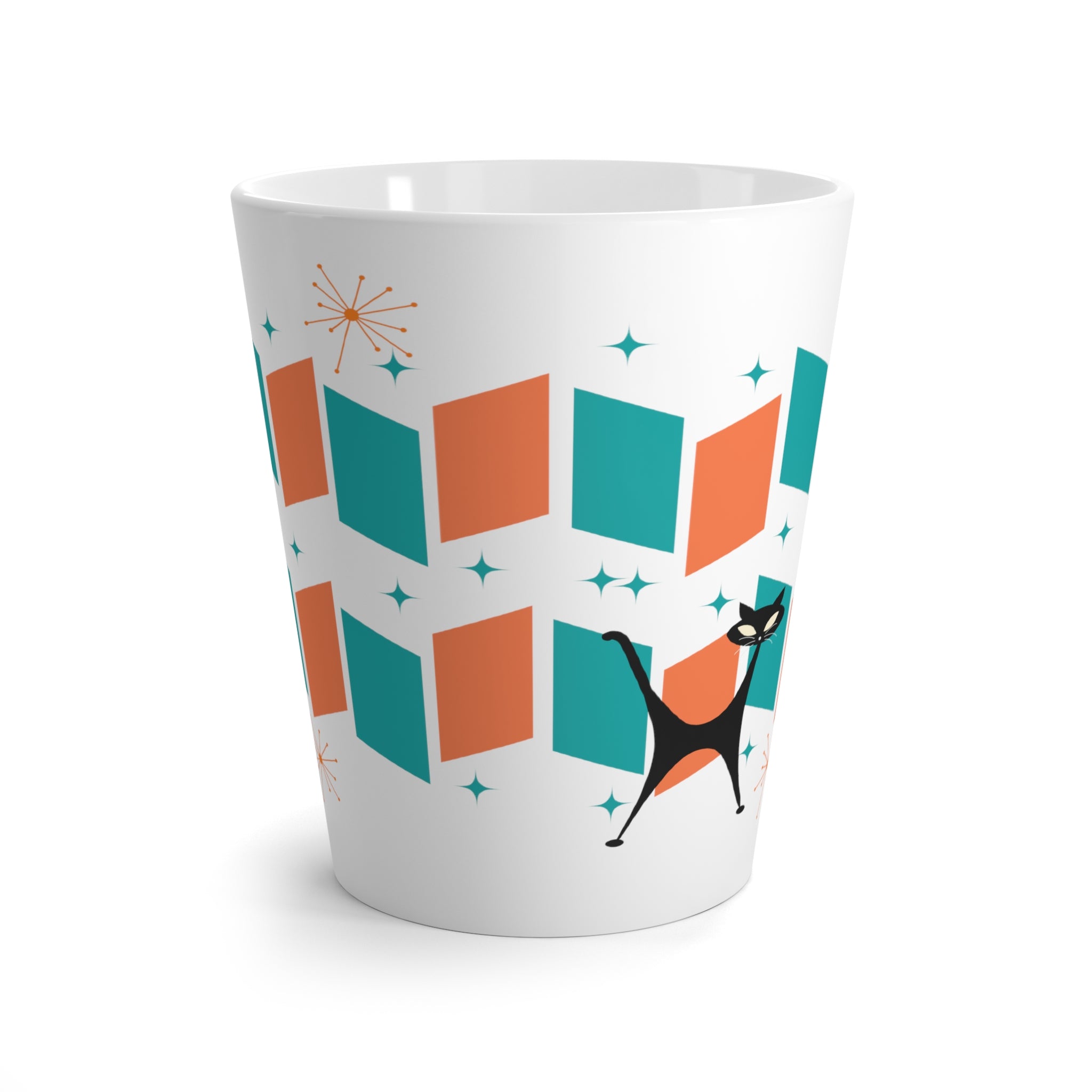 Atomic Cat Latte Mug, Mod Orange, Teal, Retro Kitchenware Mug - Mid Century Modern Gal