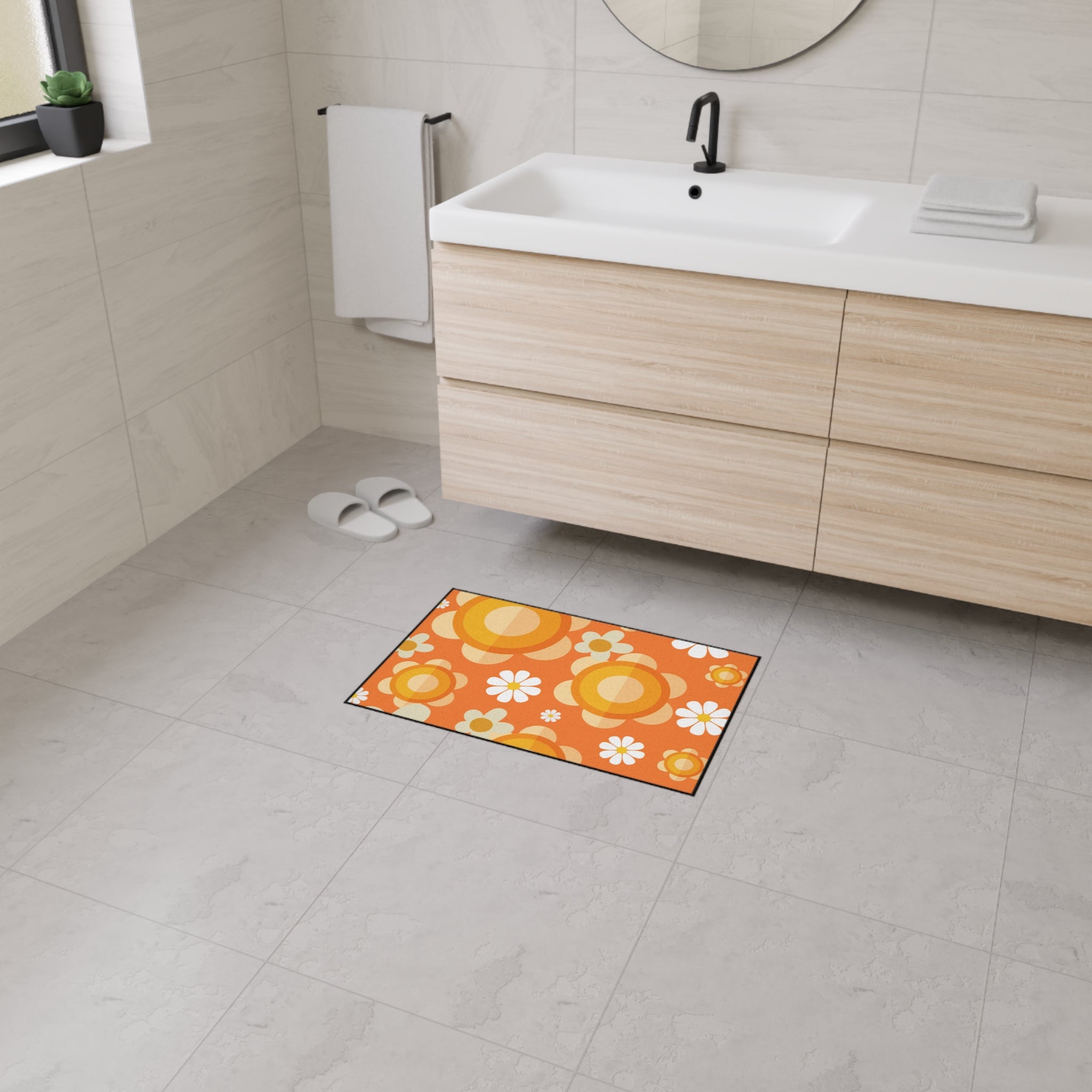 Retro Floral Orange, White Mod Daisy Heavy Duty Floor Mat - Ideal for Home Décor and Entryways - Mid Century Modern Gal
