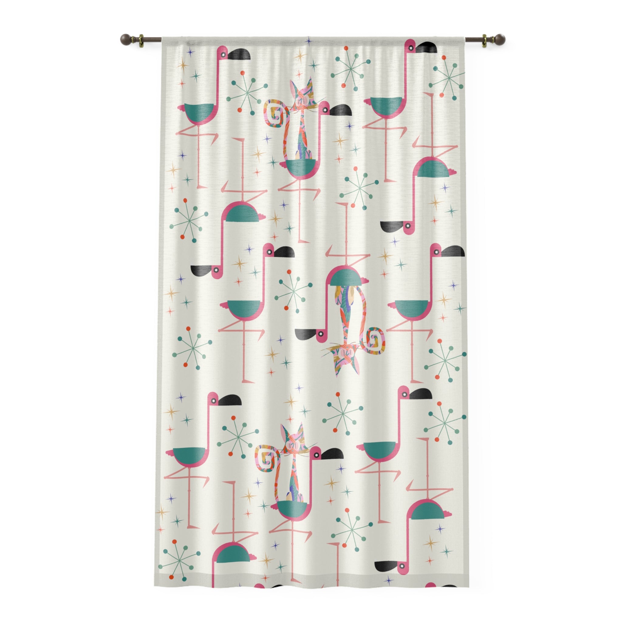Flamingo Curtains, Palm Springs Cali Style, Quirky Kitschy Atomic Cat, Retro Sheer Window Curtain - Mid Century Modern Gal