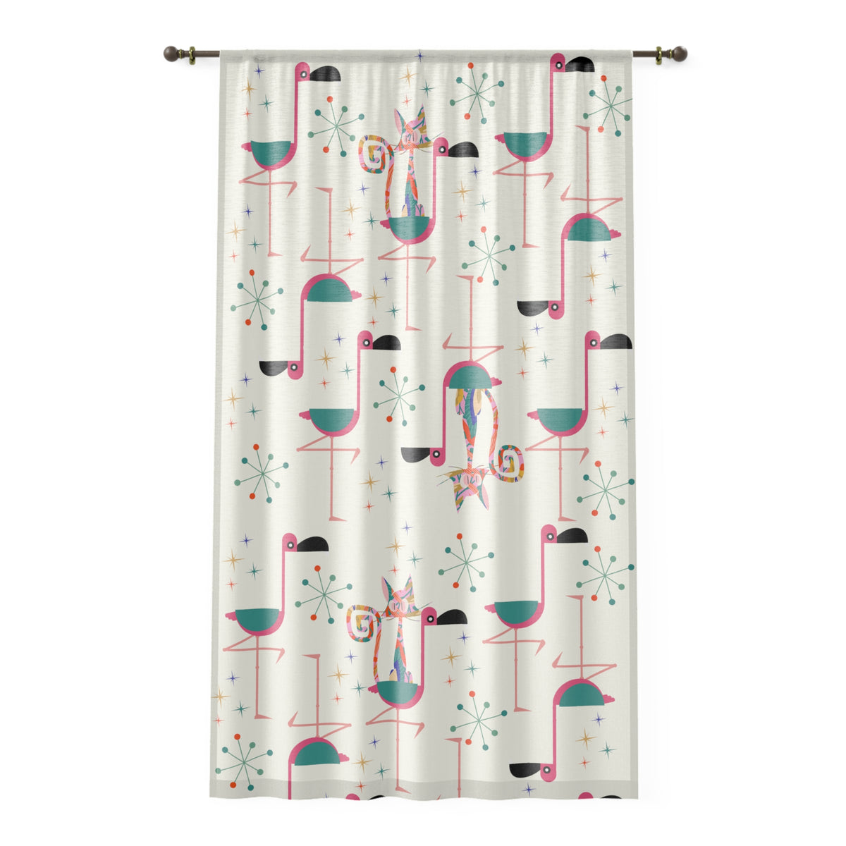 Flamingo Curtains, Palm Springs Cali Style, Quirky Kitschy Atomic Cat, Retro Sheer Window Curtain - Mid Century Modern Gal