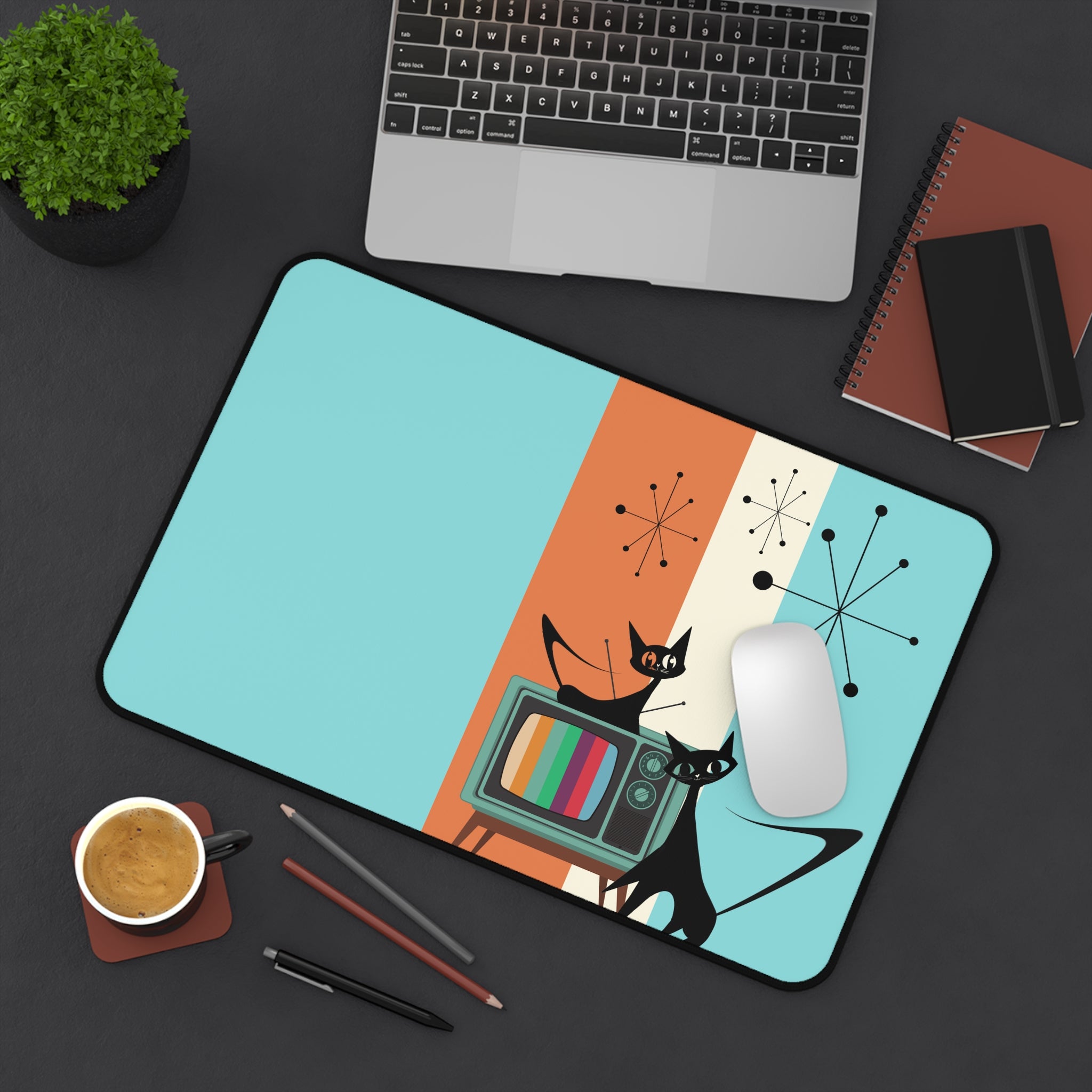 Atomic Cat, Aqua, Retro Mid Mod, Starburst, Orange, Cool Mid Century Modern Desk Mat - Mid Century Modern Gal