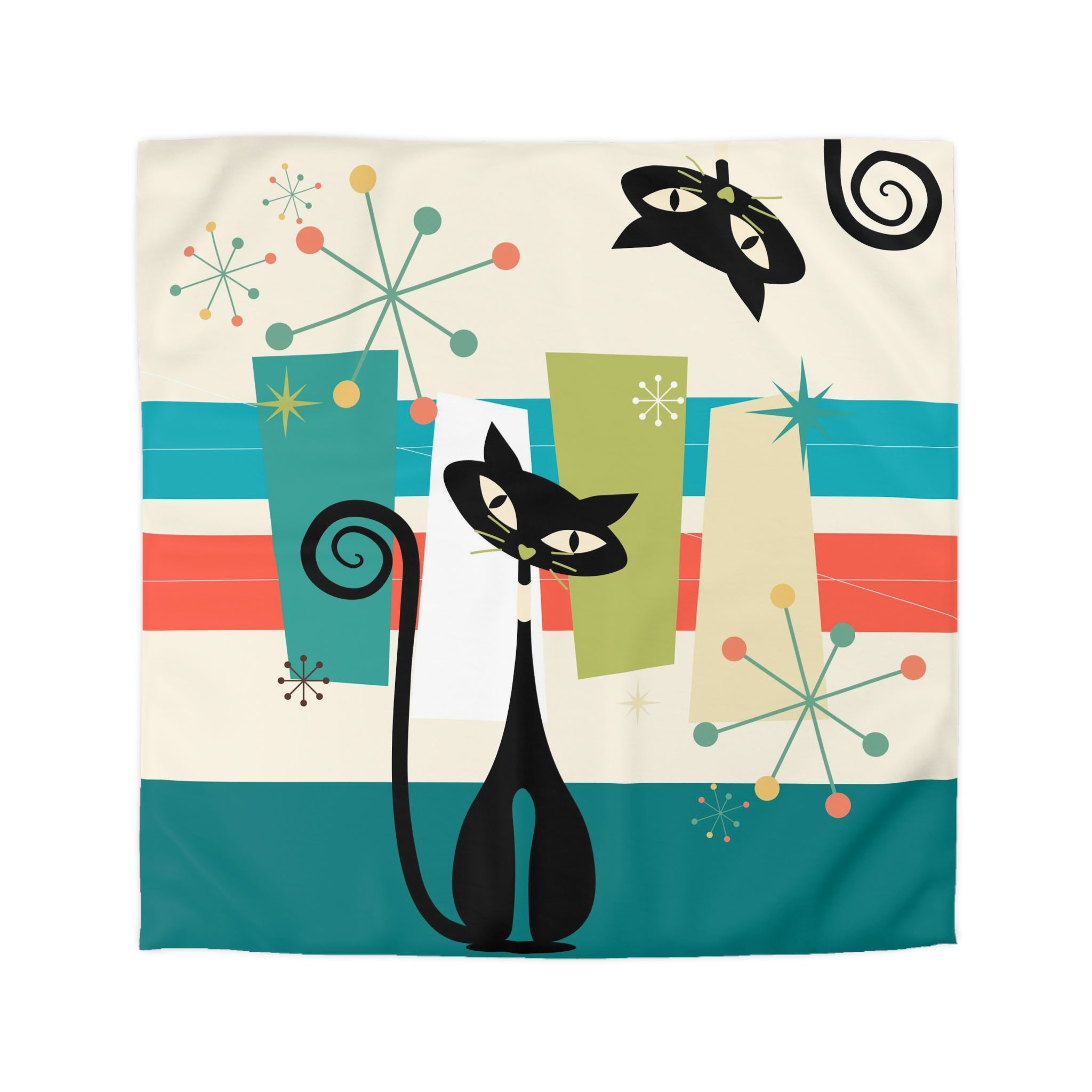 Mid Cenury Modern Atomic Cat, MCM Bedding, Starbursts,Teal, Orange, KItschy Quirky Fun Duver Cover - Mid Century Modern Gal