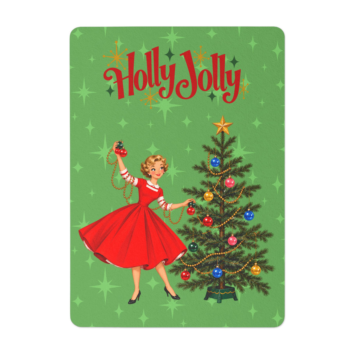 Mid Century Modern Gal Decorating Christmas Tree, Green Atomic Starbursts Flat Postcard Style Christmas Greeting Cards