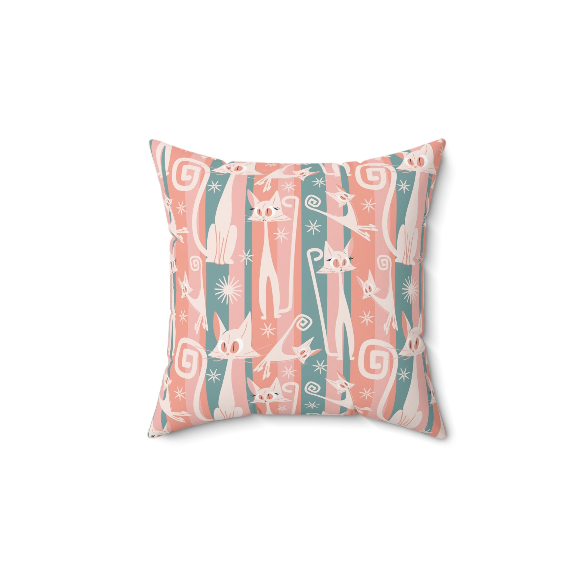 Atomic Cat Coral Pink And Aqua, Kitschy White Kitty Cat, Mid Century Modern Pillow And Insert - Mid Century Modern Gal