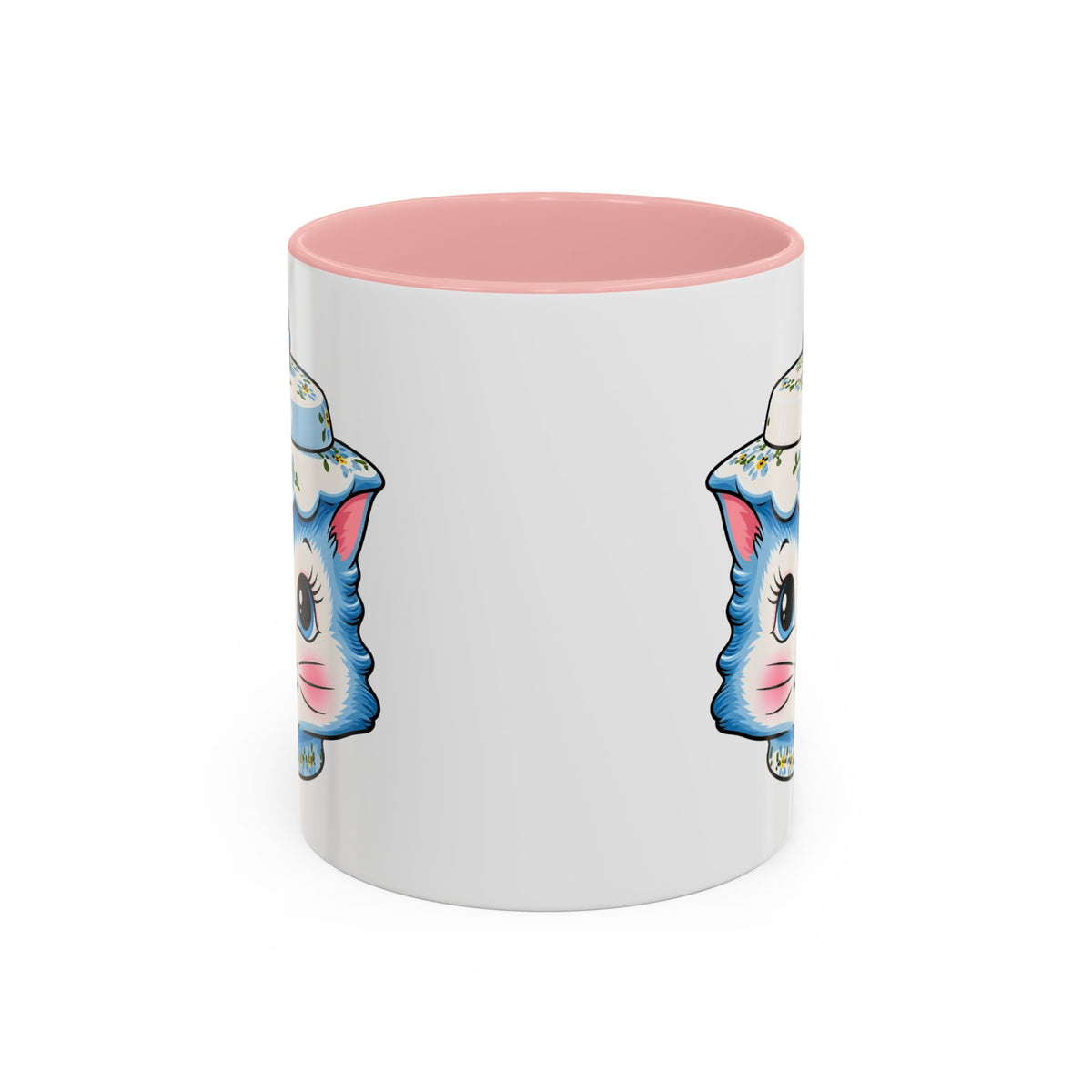 Mid Century Modern Kitschy Anthropomorphic Blue Cat with Floral Hat Accent Coffee Mug - Mid Century Modern Gal