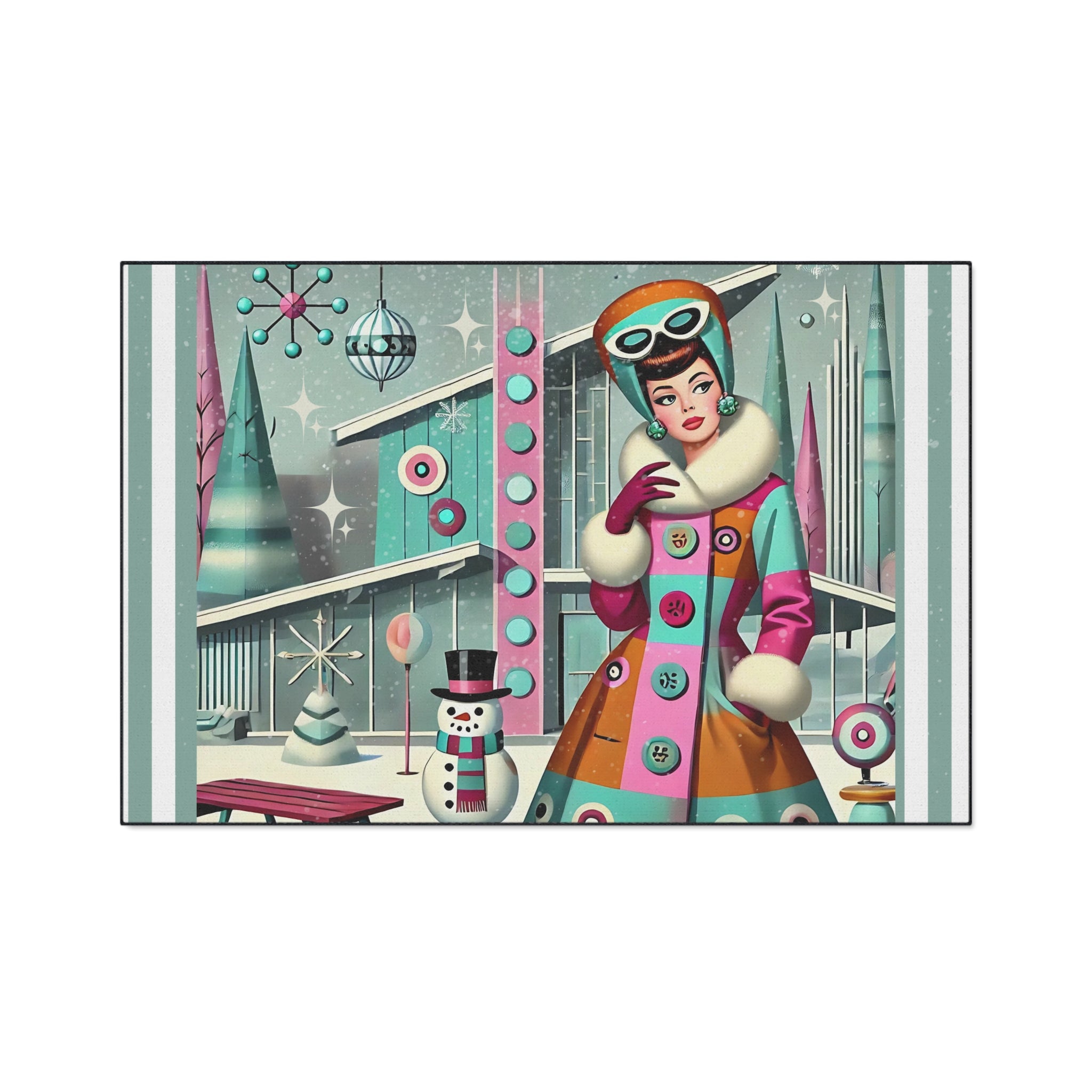 Vintage Mod Gal Retro Holiday Heavy Duty Floor Mat with Winter Scene Design - Mid Century Modern Gal